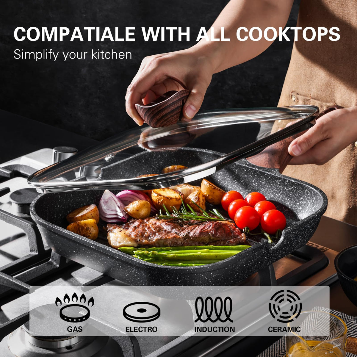 Kordisen Nonstick Grilling Pan with Lid for Stove Tops, 9.5 Inch Square Grill Pan for Indoor Cooking, Granite Coating Grill Skillet with Pour Spouts,