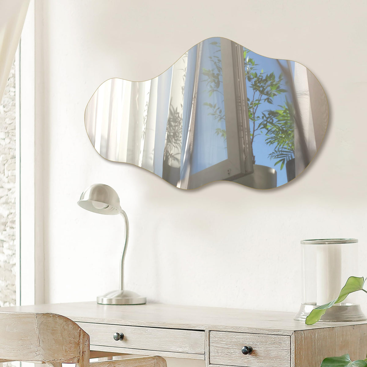 PERFNIQUE Irregular Wall Mirror Asymmetrical Mirror, 89 x 53cm Decorative Modern Mirror for Bathroom Bedroom Living Room Entryway, Cloud Frameless