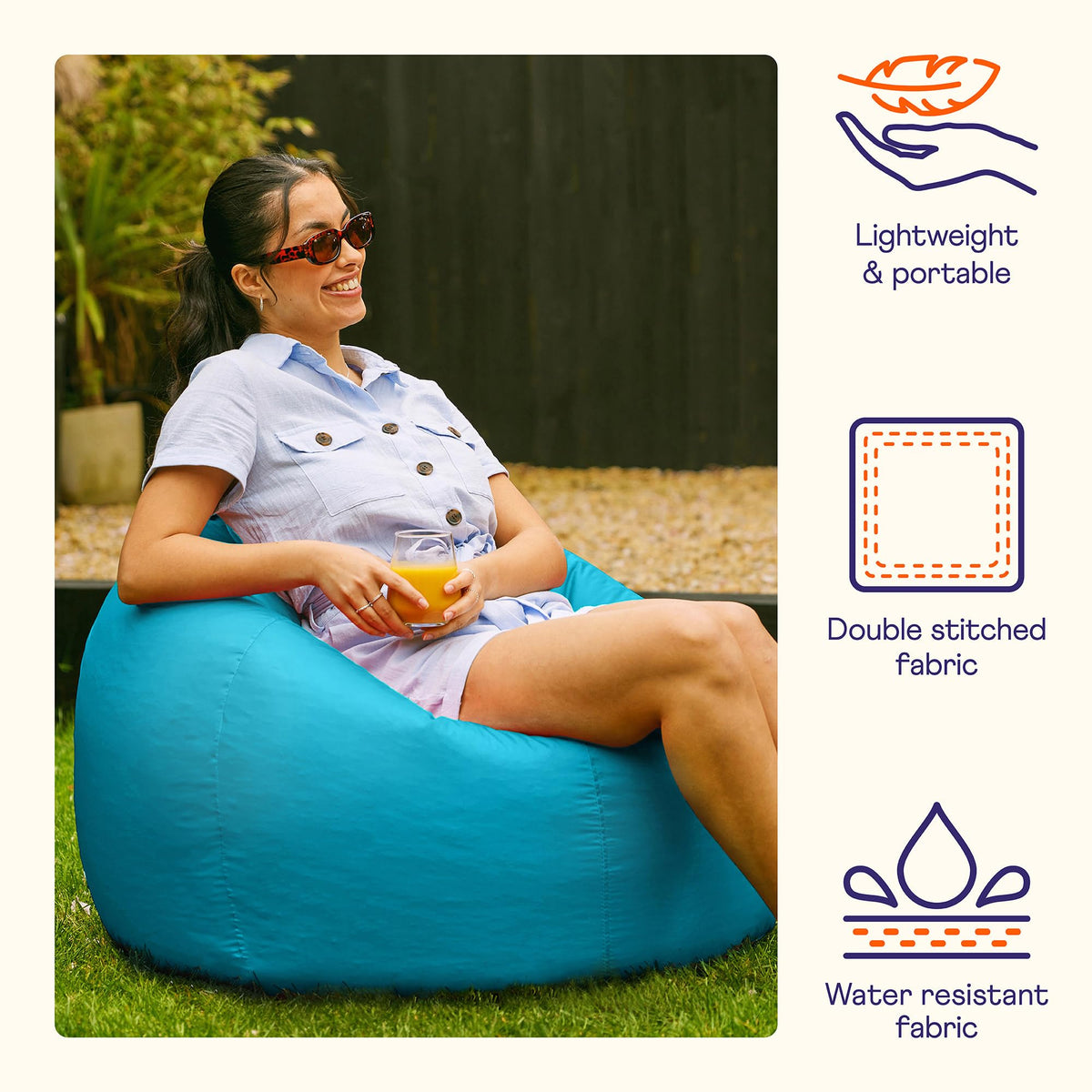 Bean Bag Bazaar Outdoor Bean Bag, Aqua Blue, Water Resistant Fabric, Large Beanbag with Filling Included, Floor Chair, Garden Chair, Outdoor Seating,