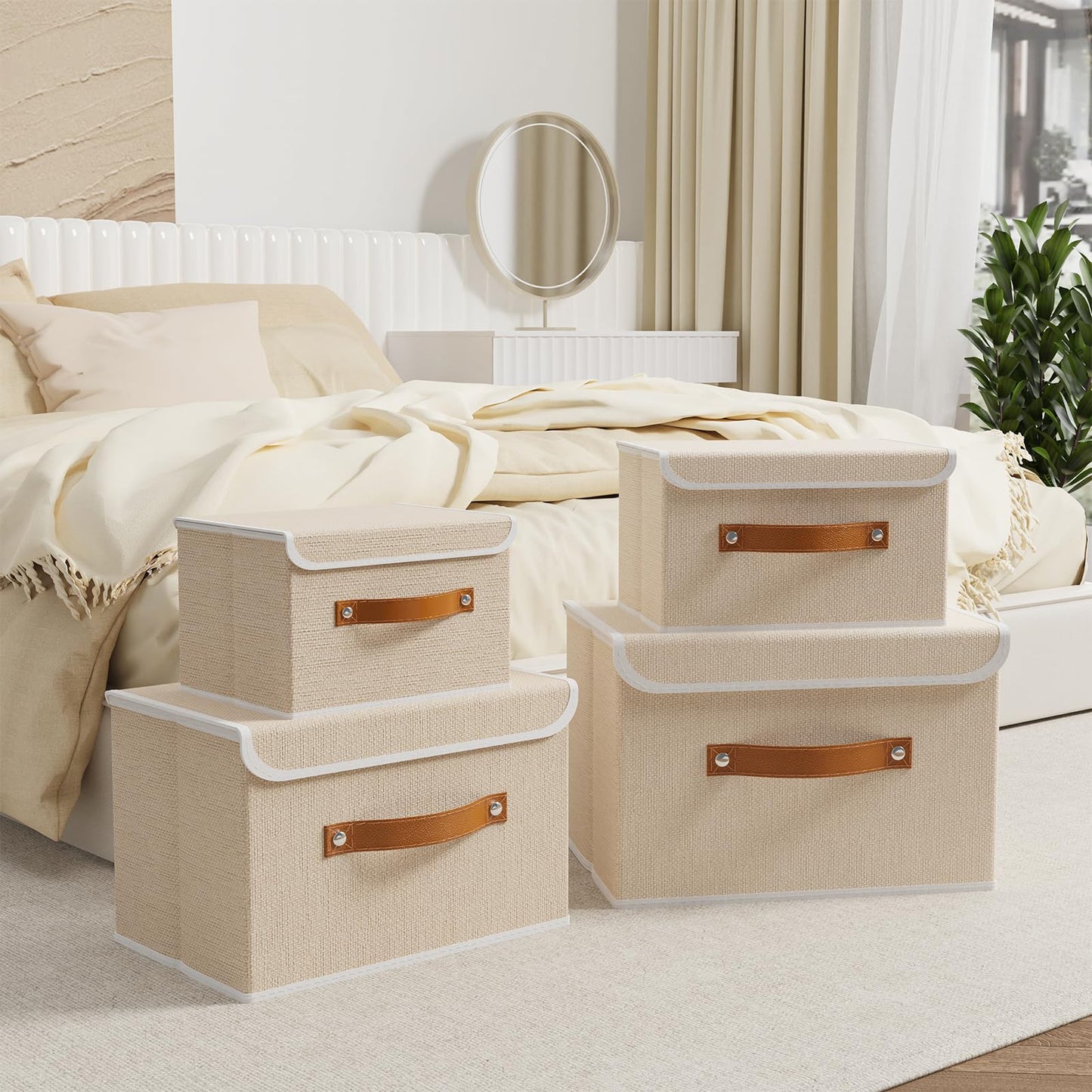 OUTBROS Storage Boxes with Lids 5 Pack, Bins 26x20x17 cm, Beige