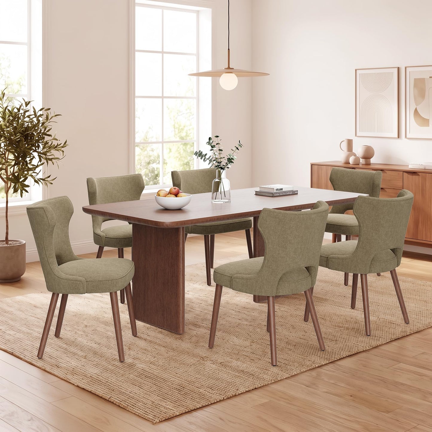 MALOL Upholstered Dining Chairs Set of 6, Dining Room Chairs with Hollow Backrest, High Back Kitchen Chairs with Solid Wood Legs, Thick Seat Cushion