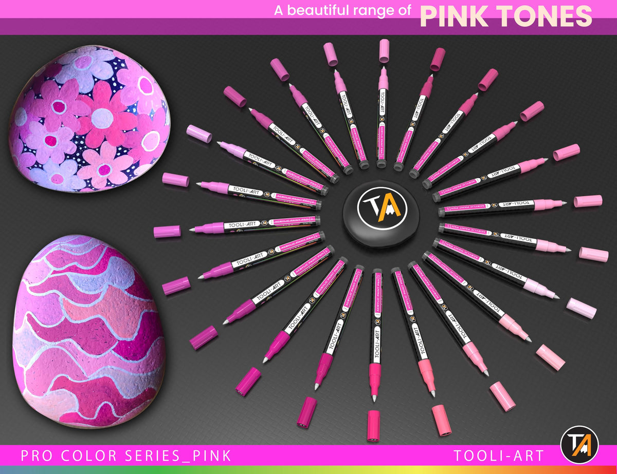 Acrylic Paint Pens 22 Pink Tones Assorted Pro Colour Series Markers Set 0.7mm Extra Fine Tip for Rock Painting, Glass, Mugs, Wood, Metal, Canvas,