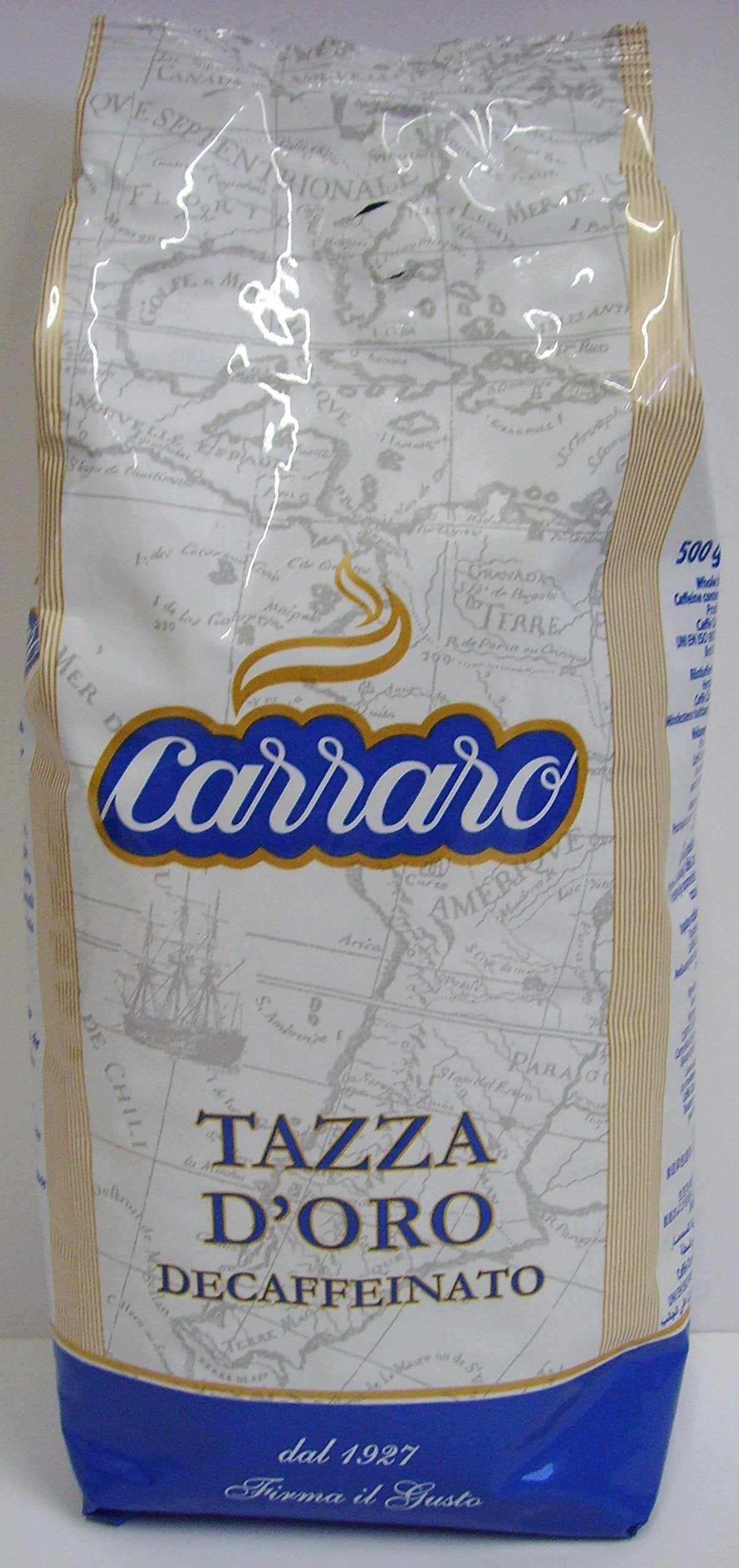 Carraro 1927 Taza D'oro Decaffeinated Premium Italian Gourmet Coffee Beans 500gr