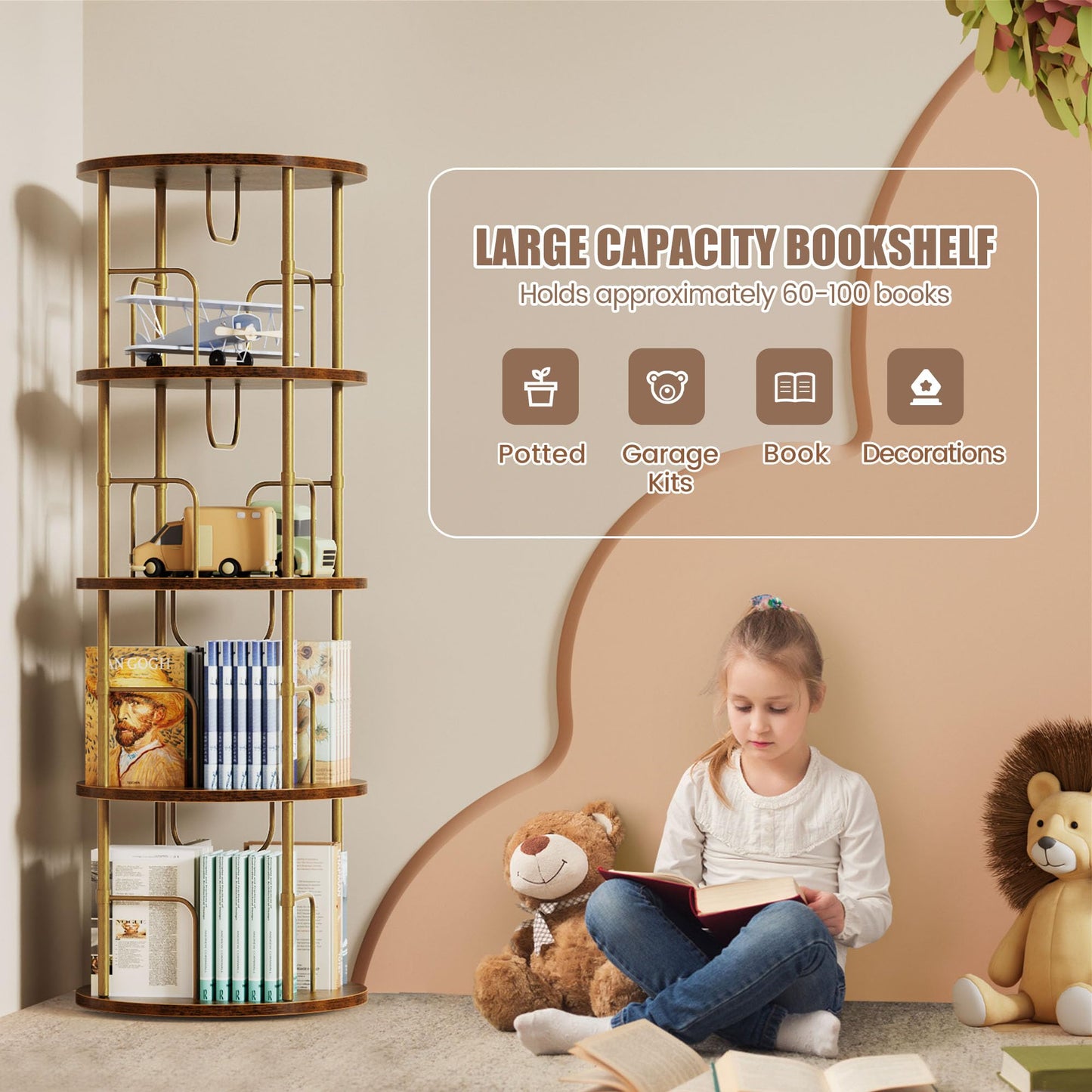 OCTORO 4 Tier Rotating Bookshelf, 360° Corner Bookshelf Tower, Round Revolving Bookcase with Adjustable Levels, Spinning Book Shelf for Home Office