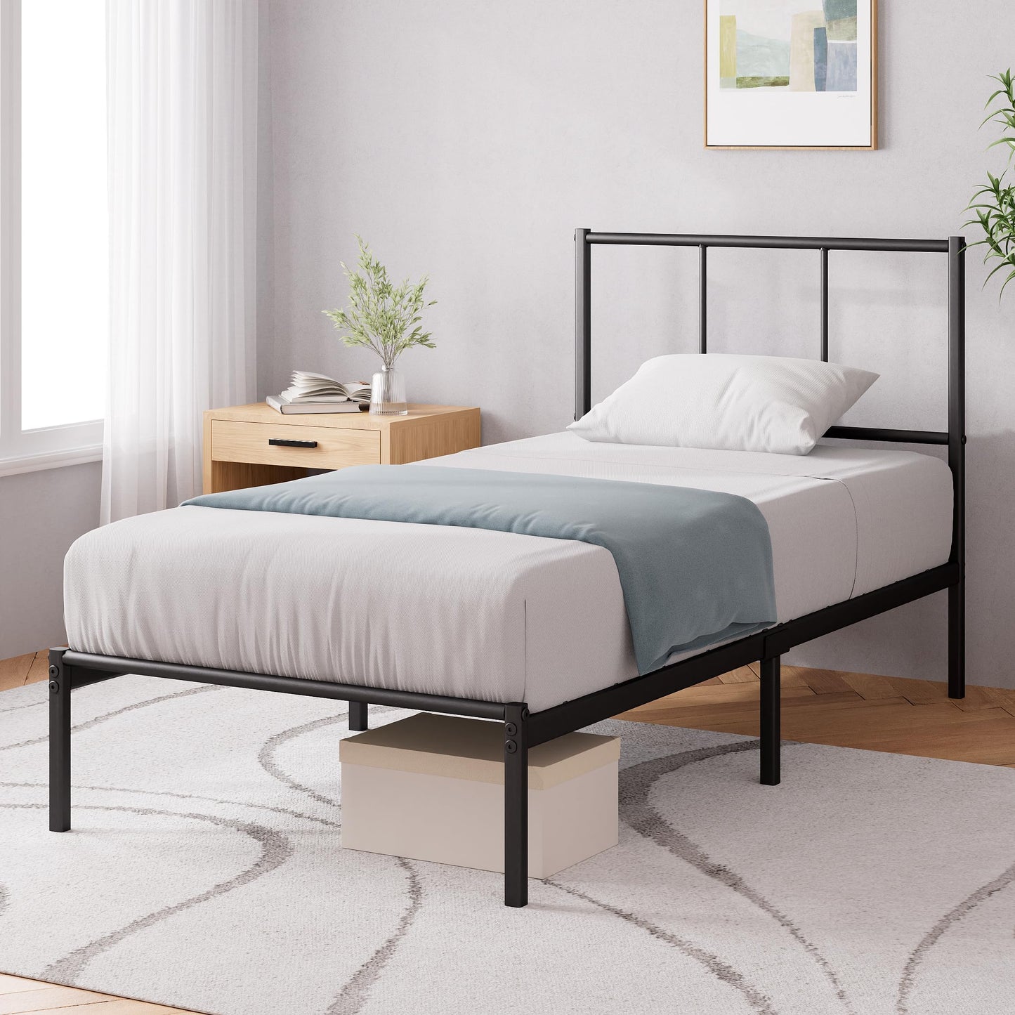 ZINUS Justin Single Bed Frame  Bed 190x90 cm  35cm Height  Metal Bed Frame with Headboard  Platform bed frame with steel slat support  Modern