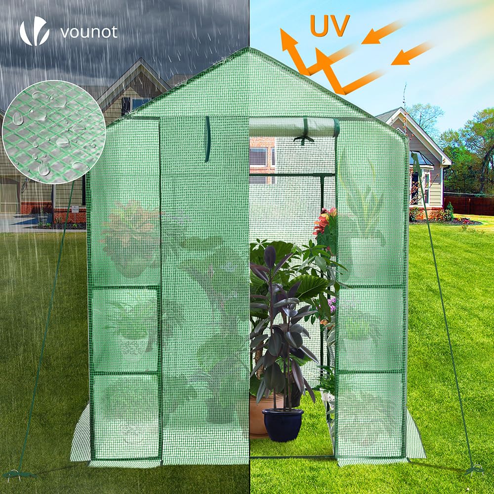 VOUNOT? Walk In Greenhouse with Shelves, Portable Plastic Green House for Garden & Outside, Large Growhouse, Green 143x143x195cm
