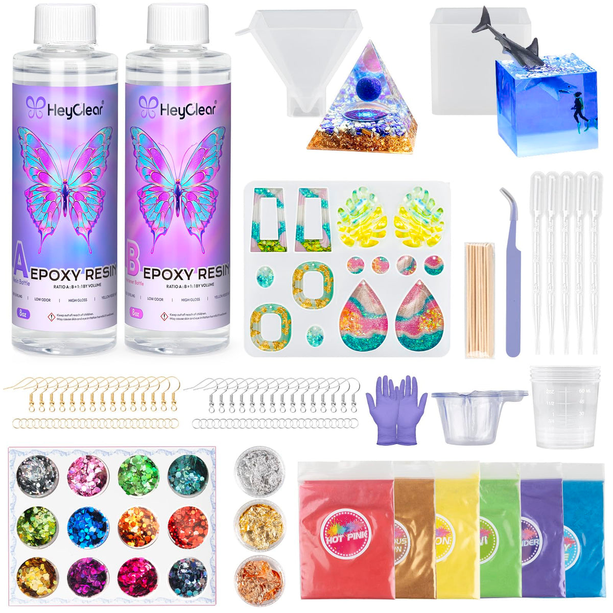 HeyClear Epoxy Resin Kit with Moulds for Beginners -16oz/473ml Super Clear and Hard Epoxy Glue Complete Craft Supplies Set for Starters Casting Art,