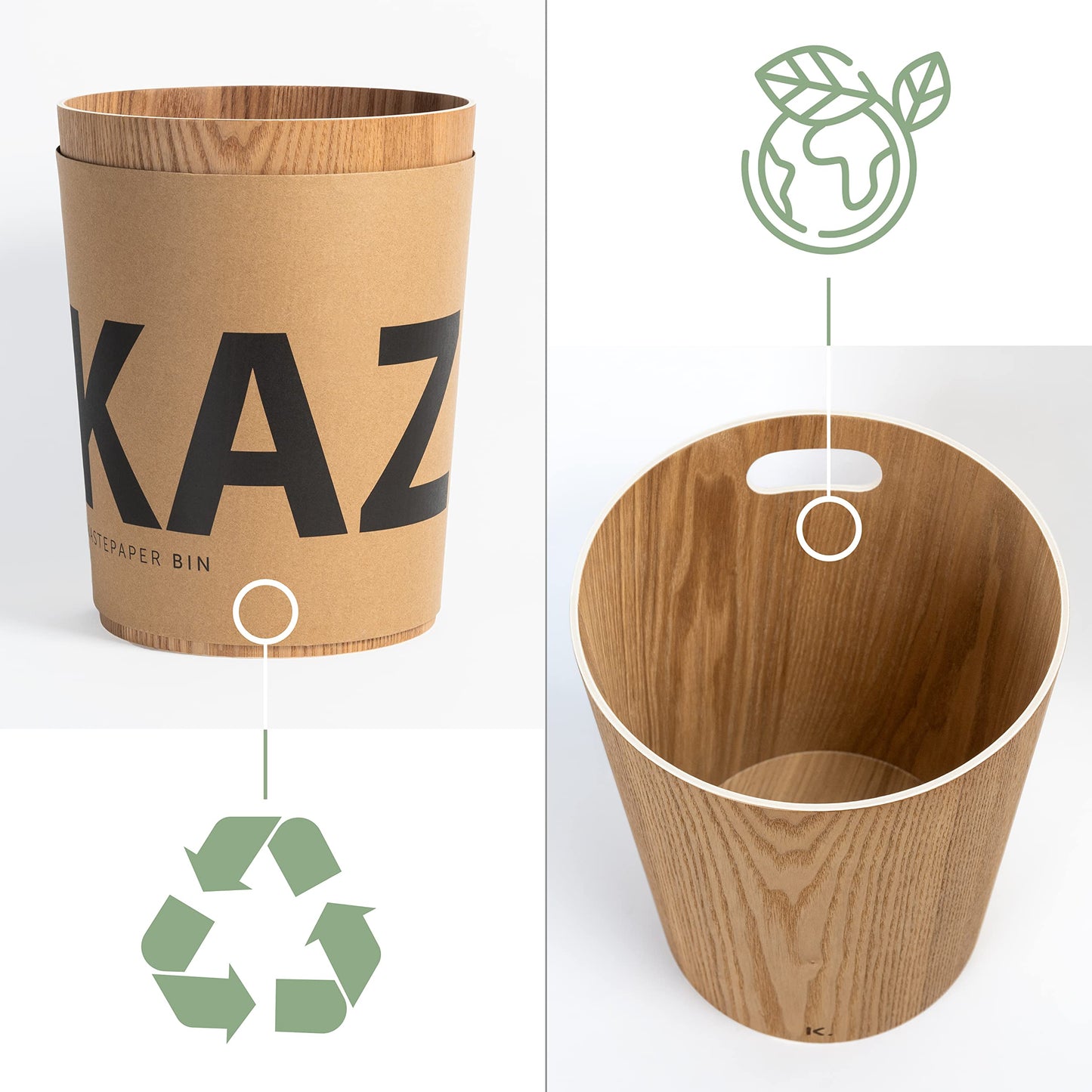 Kazai. Real Wood Waste Paper Bin Brje | Modern Wooden Paper Basket for Office, Kids' Room, Bedroom and more | 9 liters | Ash