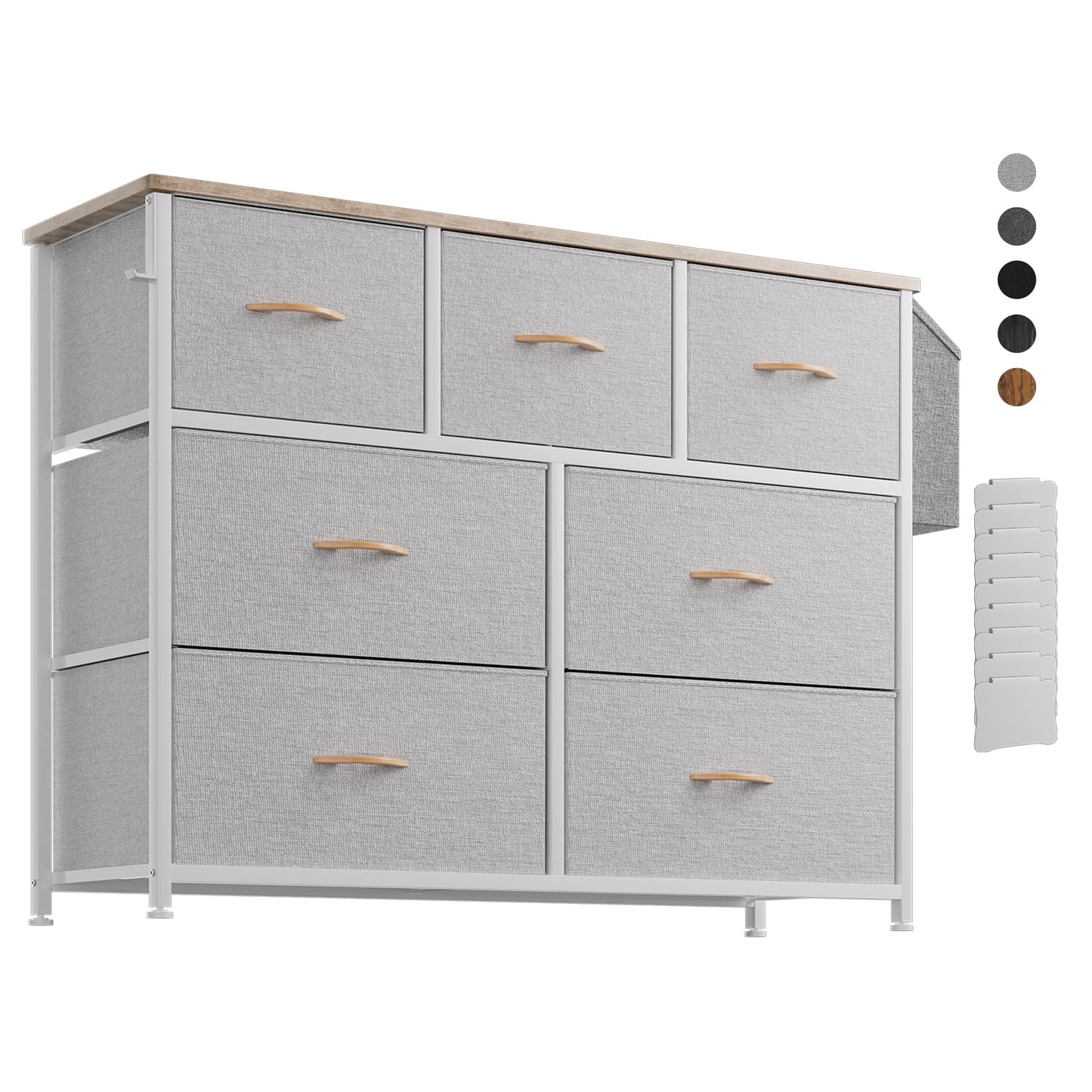 PURFINO Fabric Chest of Drawers - Canvas Storage Unit with 7 Drawers, Label Cards, Side Pocket & Hook for Living Room, Hallway, Bedroom