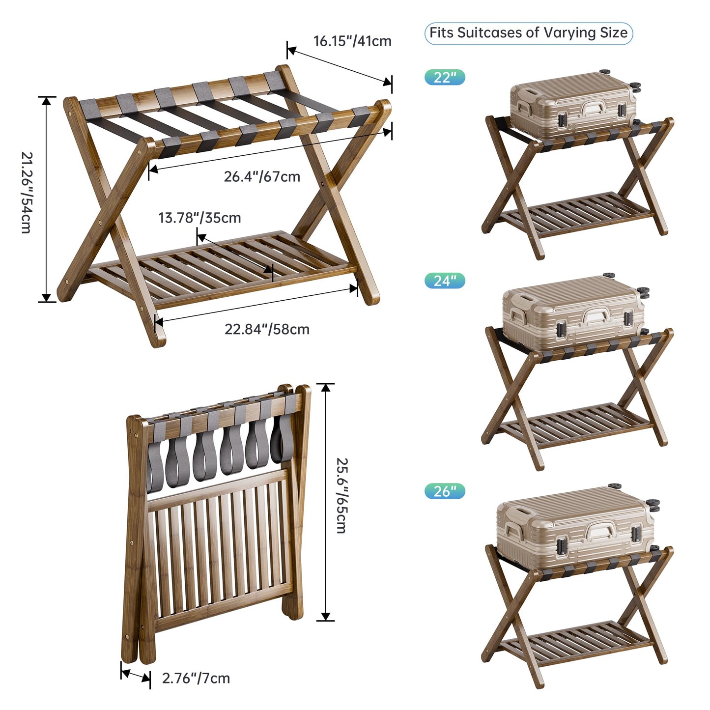 SMIBUY Luggage Rack, Foldable Bamboo Suitcase Stand with Storage Shelf for Guest Room, Bedroom, Hotel, Heavy-Duty (Walnut)
