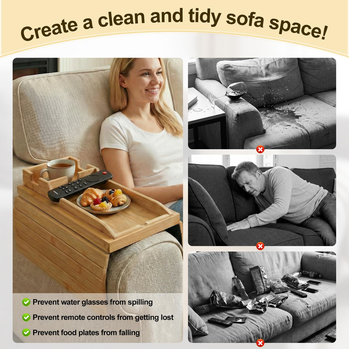 Bamboo Sofa Arm Tray, Foldable Table with Cup Holder and Remote Caddy