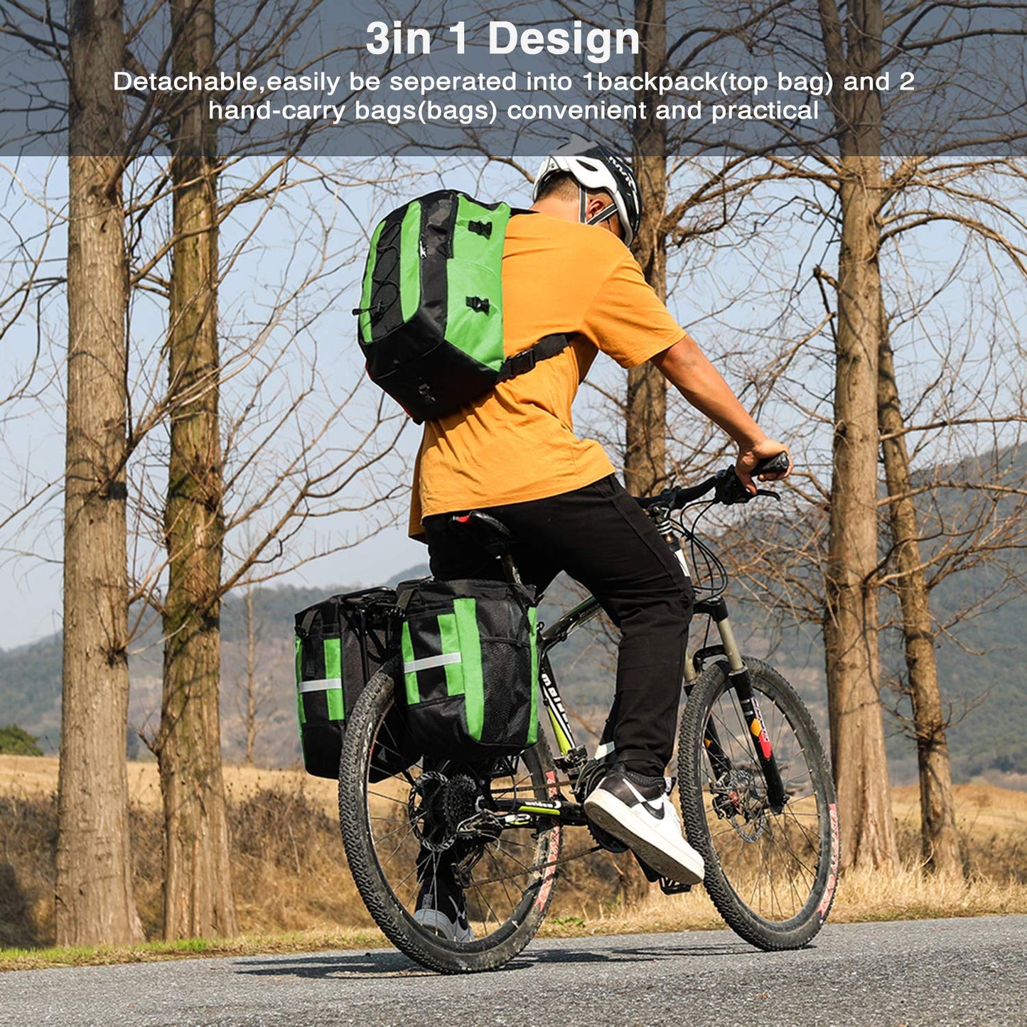 PELLOR 70L Waterproof 3 in 1 MTB Bike Rear Bicycle Pannier Bags Bike Rack Bag with Rain Cover (Green)