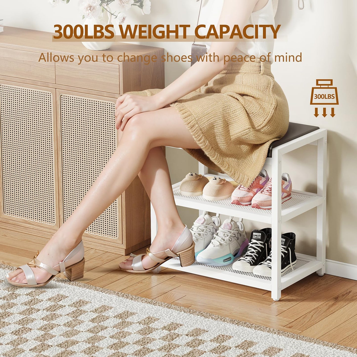ZHOOGE Shoe Bench Shoe Rack Storage Bench Entryway Bench Shoe Shelf with Seat Cushion, Stable Shoe Organizer for Entryway, Living Room