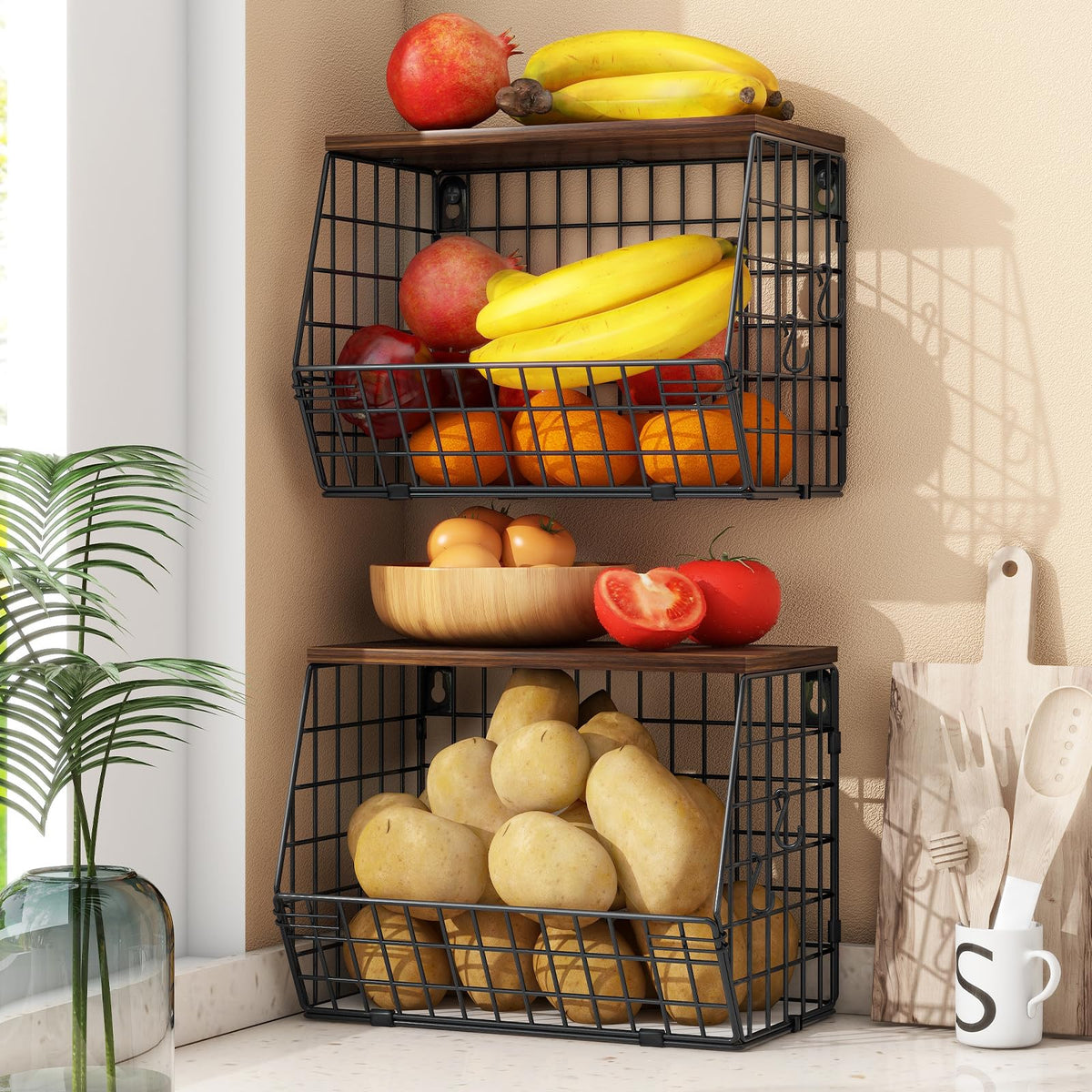 Mefirt Fruit Bowl, Fruit Baskets for Kitchens, Hanging Rack with Banana Hanger can as Kitchen Storage, Vegetable Rack Wall & Stackable Storage Baskets