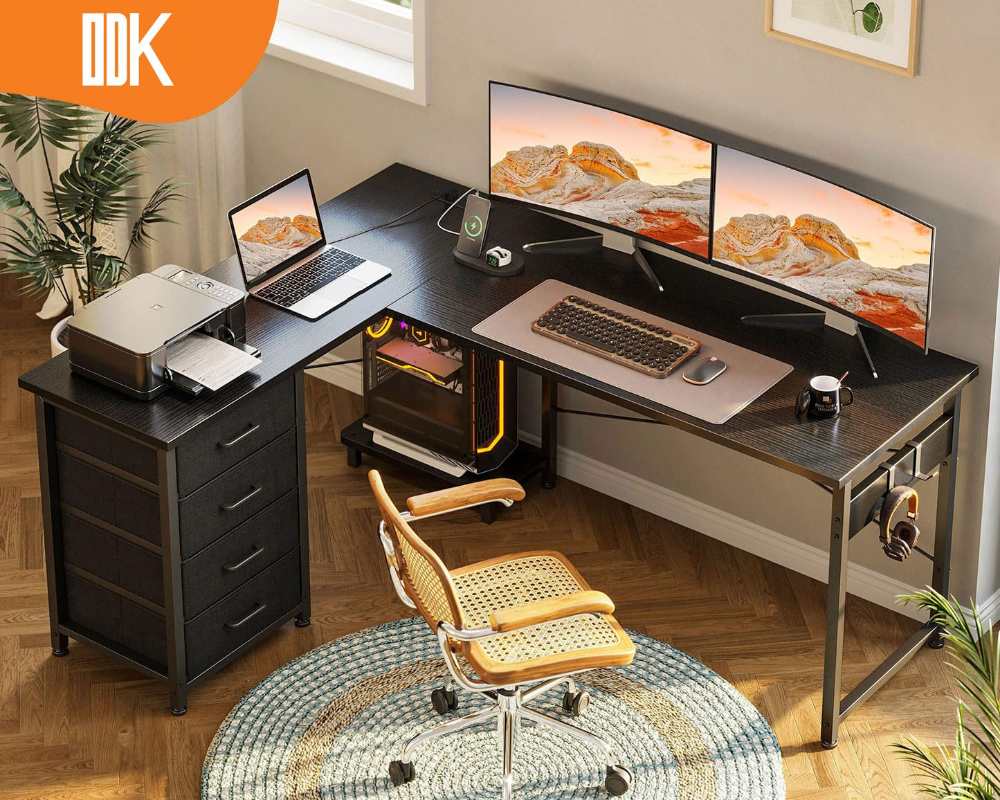 ODK Corner Desk with Drawers, L Shaped Computer Desk, 135 x 100 cm, Black