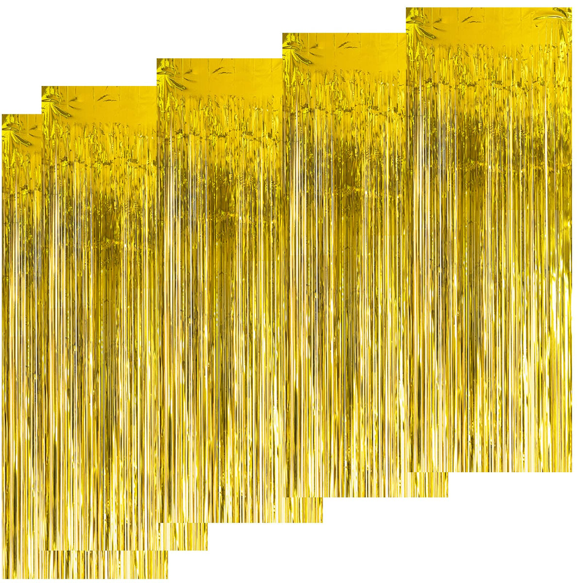 Kioneer Metallic Tinsel Curtains Gold 5 Packs 3 ft x 10 ft, Foil Fringe Curtains for Photo Backdrop Door Wall Hanging Window Curtain Party Office