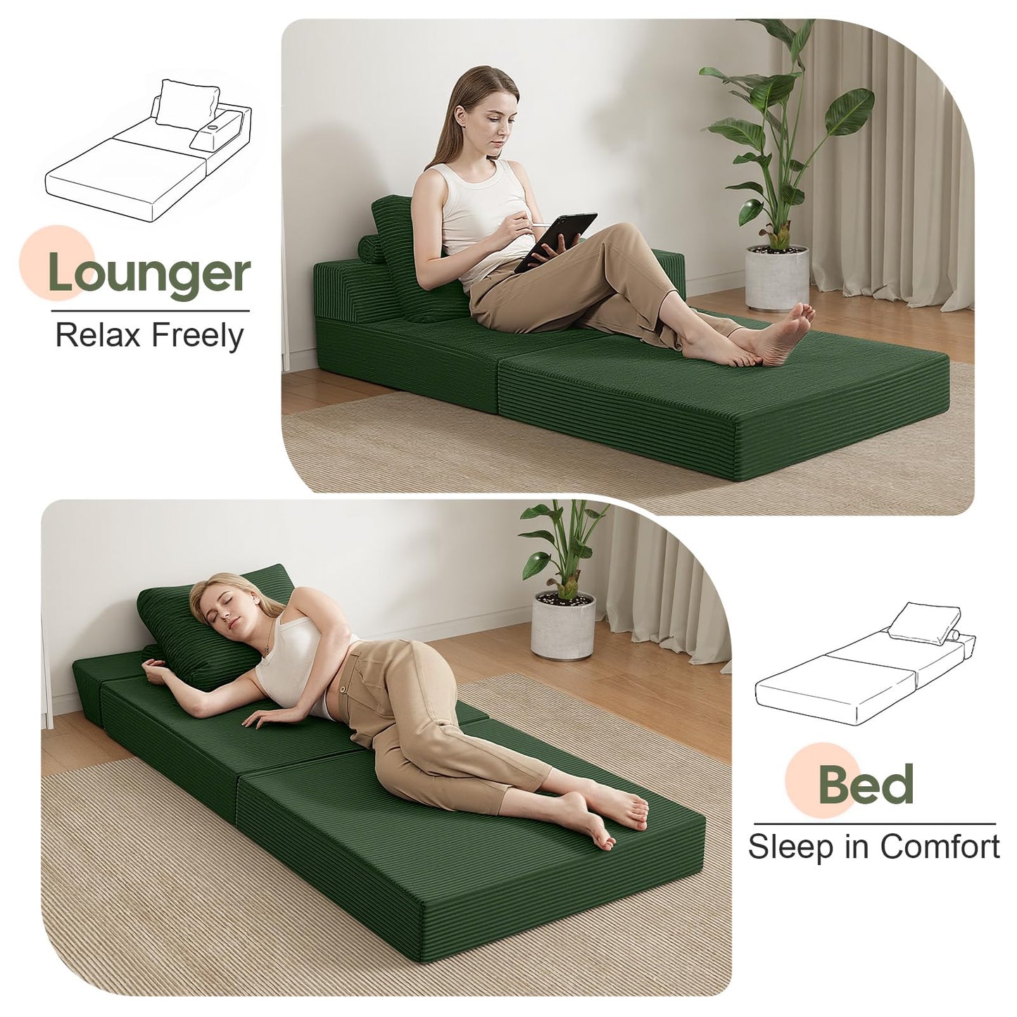 MeMoreCool Folding Sofa Bed Single, Convertible Boneless Couch with Pillow