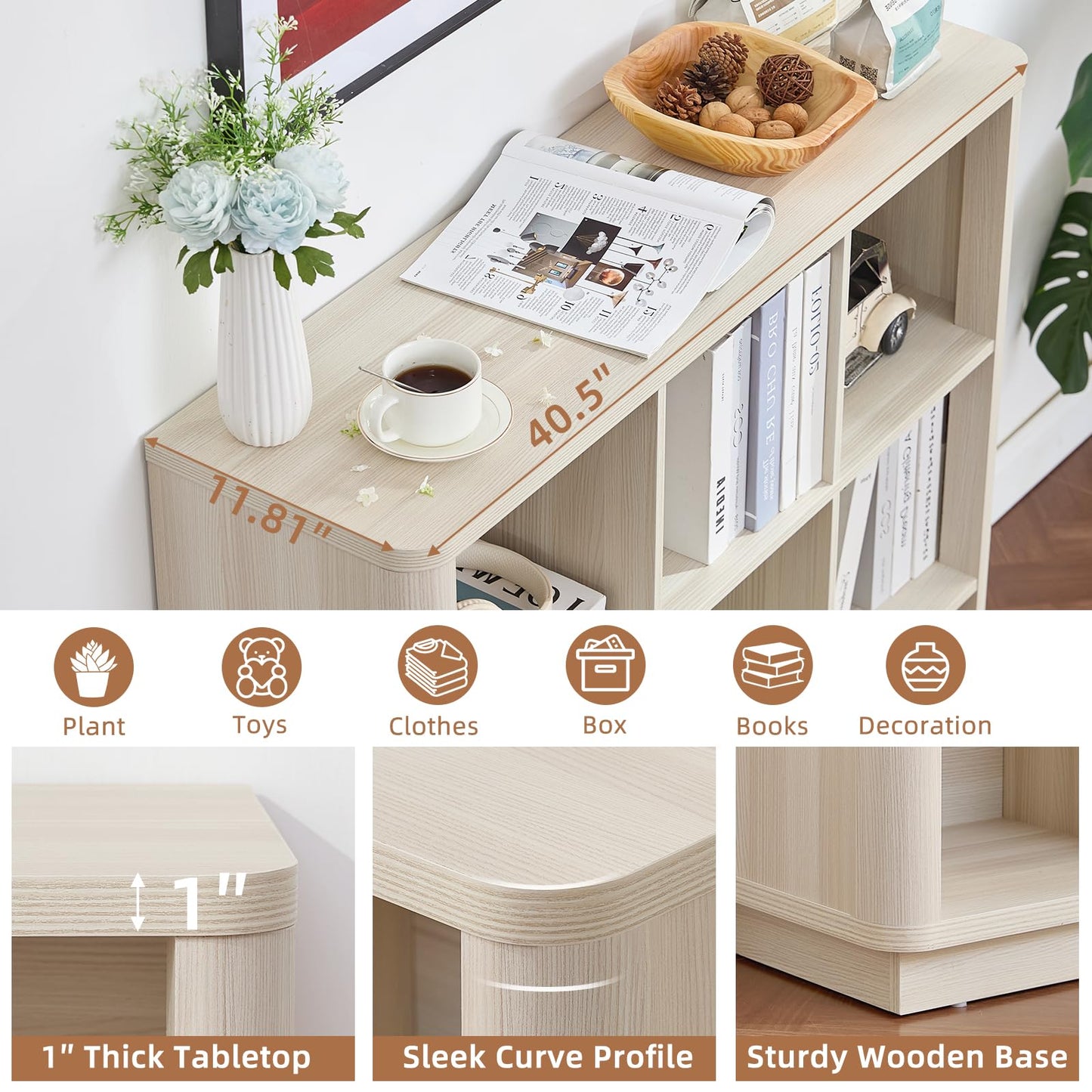 LELELINKY 9 Cube Storage Bookcase, 41" Wide Wooden Book Shelf with Thickened Base, Freestanding 3-Tier Open Book Case Unit with Curved Edge