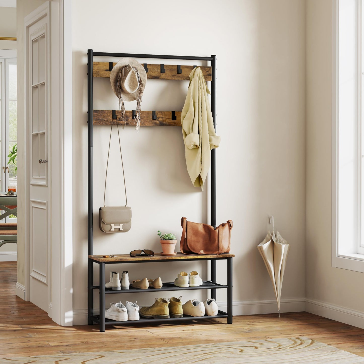Yaheetech 3-in-1 Coat Rack Shoe Bench Industrial Hall Tree, Rustic Brown