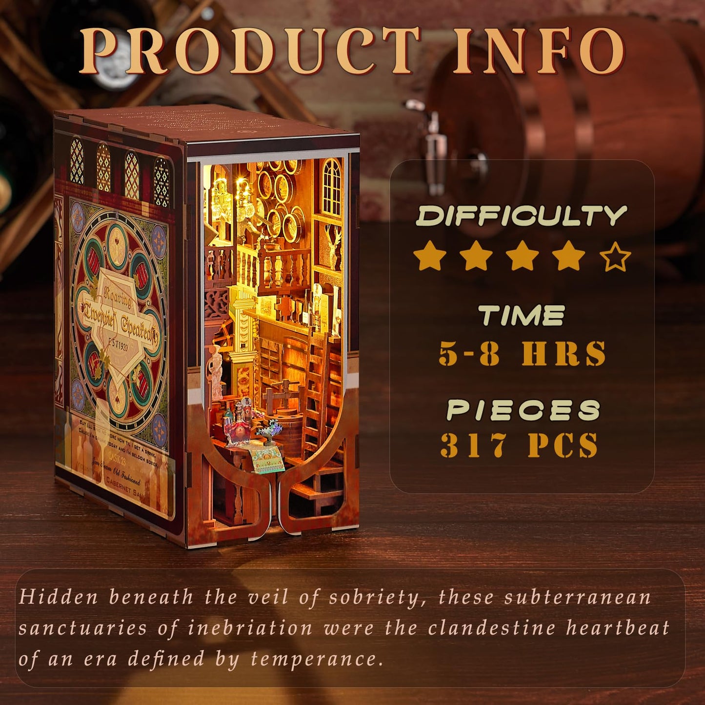 Book Nook Kit, DIY Miniature Dollhouse Booknook Kit, 3D Wooden Puzzle Bookend Bookshelf Insert Decor with LED Light for Teens and Adults (Roaring