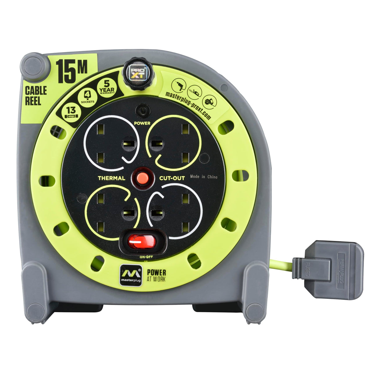 Masterplug Four Socket, 15 Metre Premium Case Reel, Medium Power Cable Extension Reel, Thermal Cut-Out & Power Indicator, Heavy Duty, Pro-XT,