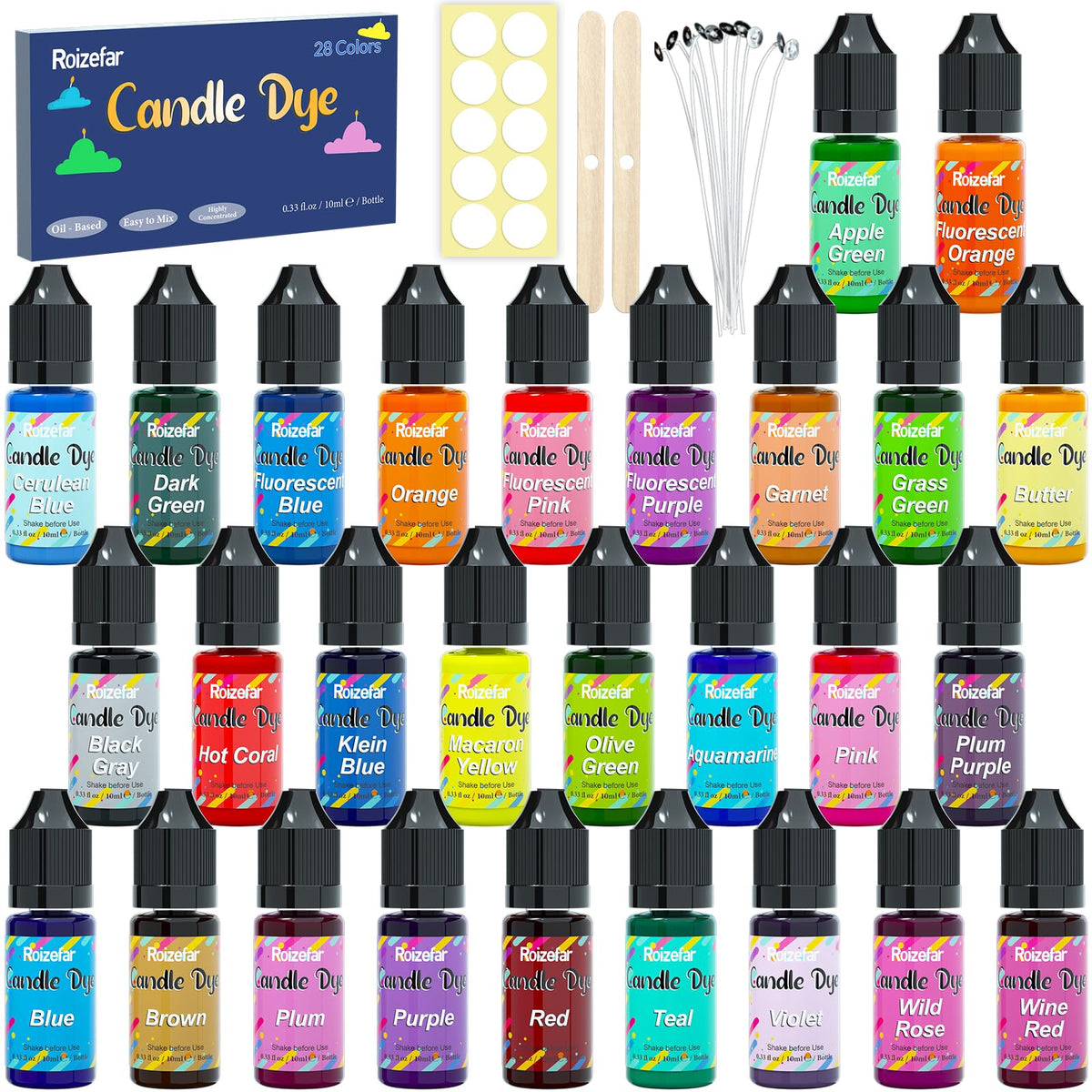 Roizefar Candle Dye - 28 Colours, Candles Dye for Soy Wax, Candle Colour Dyes for Candles Making, Oil-Based Liquid Dyes for Wax Melts, Highly