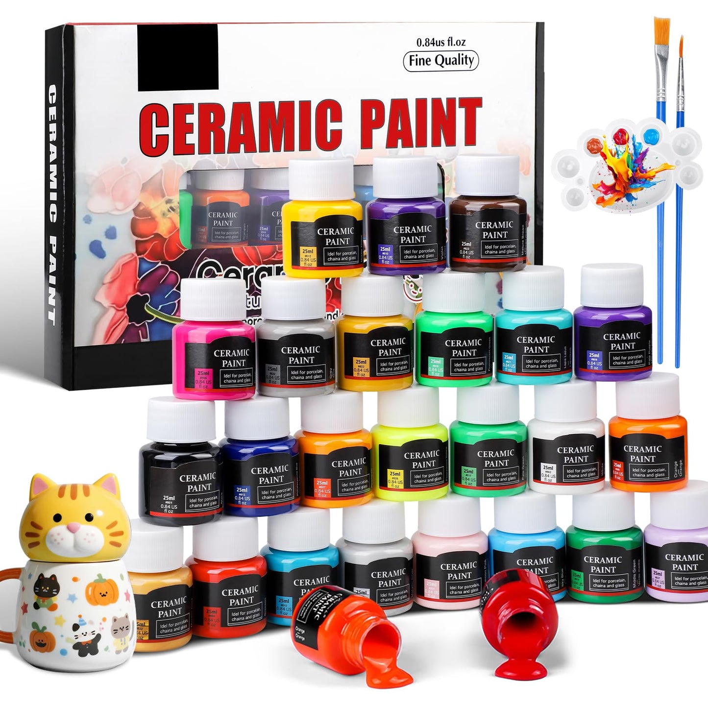 Teokantz Ceramic Paint Set, 24 x 25 ml Porcelain Paint Dishwasher Washable after Firing, Glass Paints for Glass Painting, Opaque Ceramic Paints for