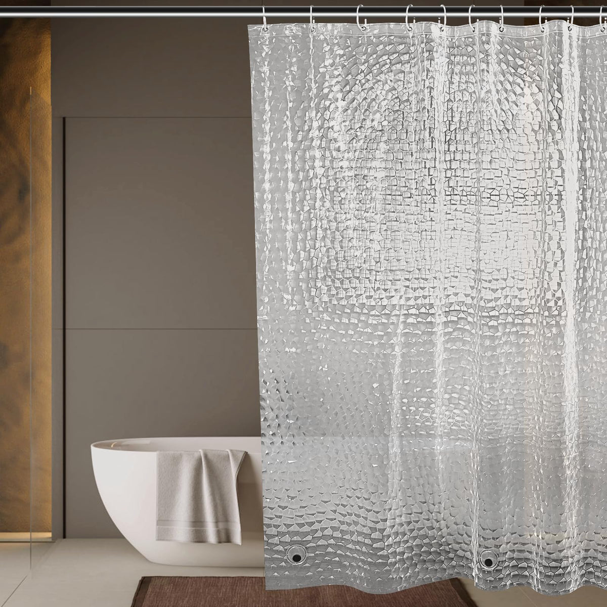 OTraki Clear Shower Curtain, 180 X 180 CM Extra Long Shower Curtain, 3D Design Weighted Bath Curtain, Anti Mould Resistant Shower Curtains, Thicken