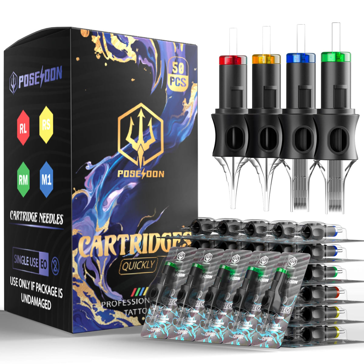 POSEIDON Professional Tattoo Needles 50-Pack - Assorted Sizes (#12 Round Liner) | 3RL/5RL/7RL/9RL/11RL | Professional Grade Stainless Steel Cartridges