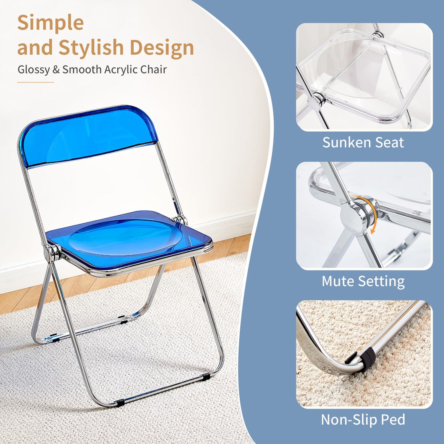 KAIHAOWIN Luxury Modern Transparent Folding Chair Acrylic Stacking Chairs with Crystal Seats-PC Plastic for Living Room and Outdoor Use