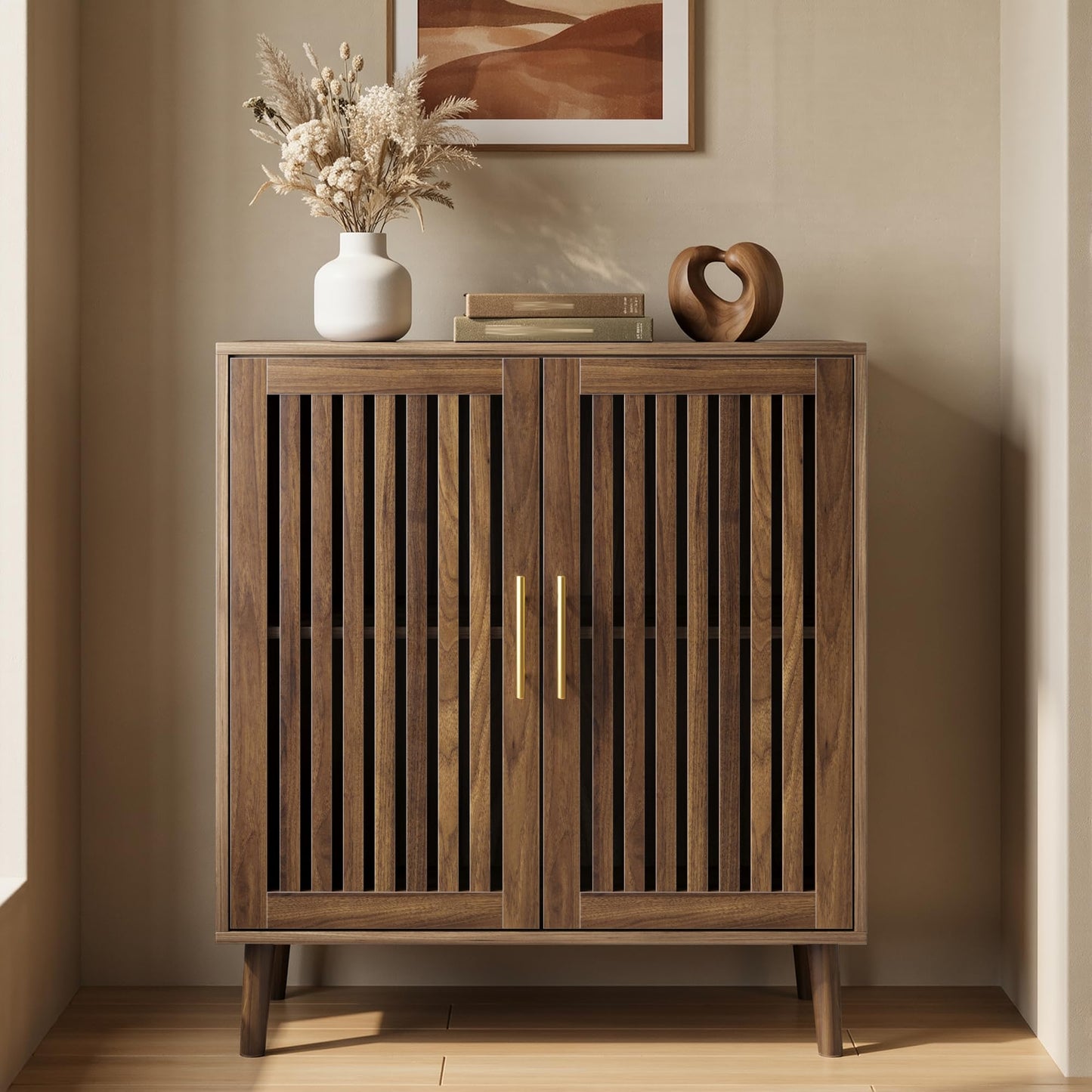 Smart FENDEE Sideboard Cabinet, Farmhouse Buffet Cabinet with Slatted Doors & Adjustable Shelf, Coffee Bar Storage Cabinet for Kitchen, Dining Room