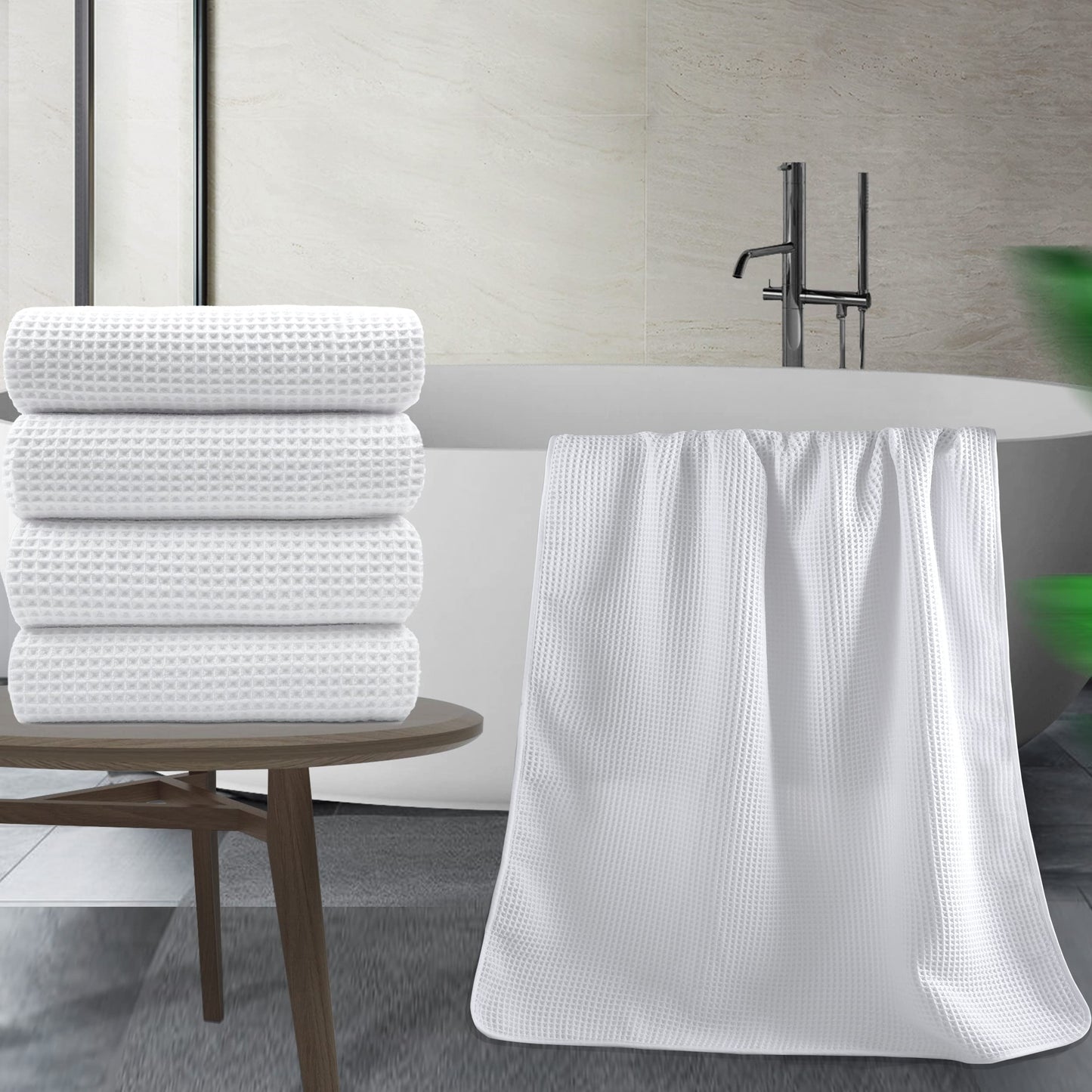 POLYTE Microfibre Oversize Quick Dry Lint Free Bath Towel, 152 x 76 cm, 4 Pack (White, Waffle Weave)