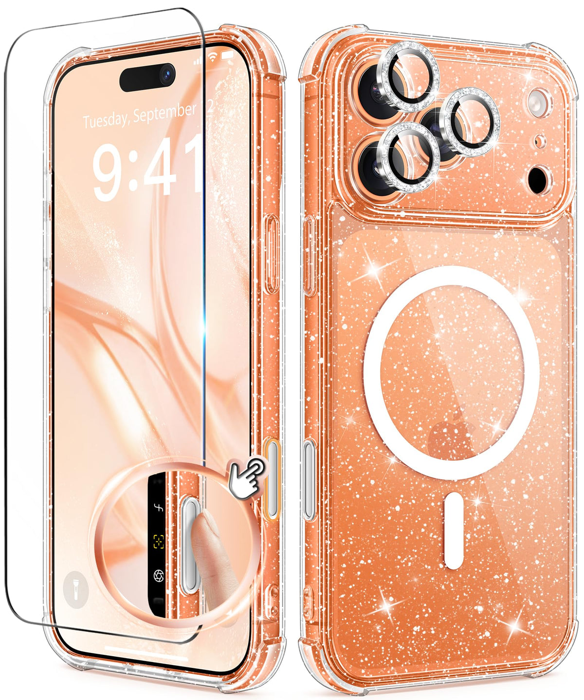 BERFY for iPhone 17 Pro Max Case for Women, Compatible with MagSafe, Clear Glitter Shockproof Protective Case, Anti-Yellowing, with Screen Protector &
