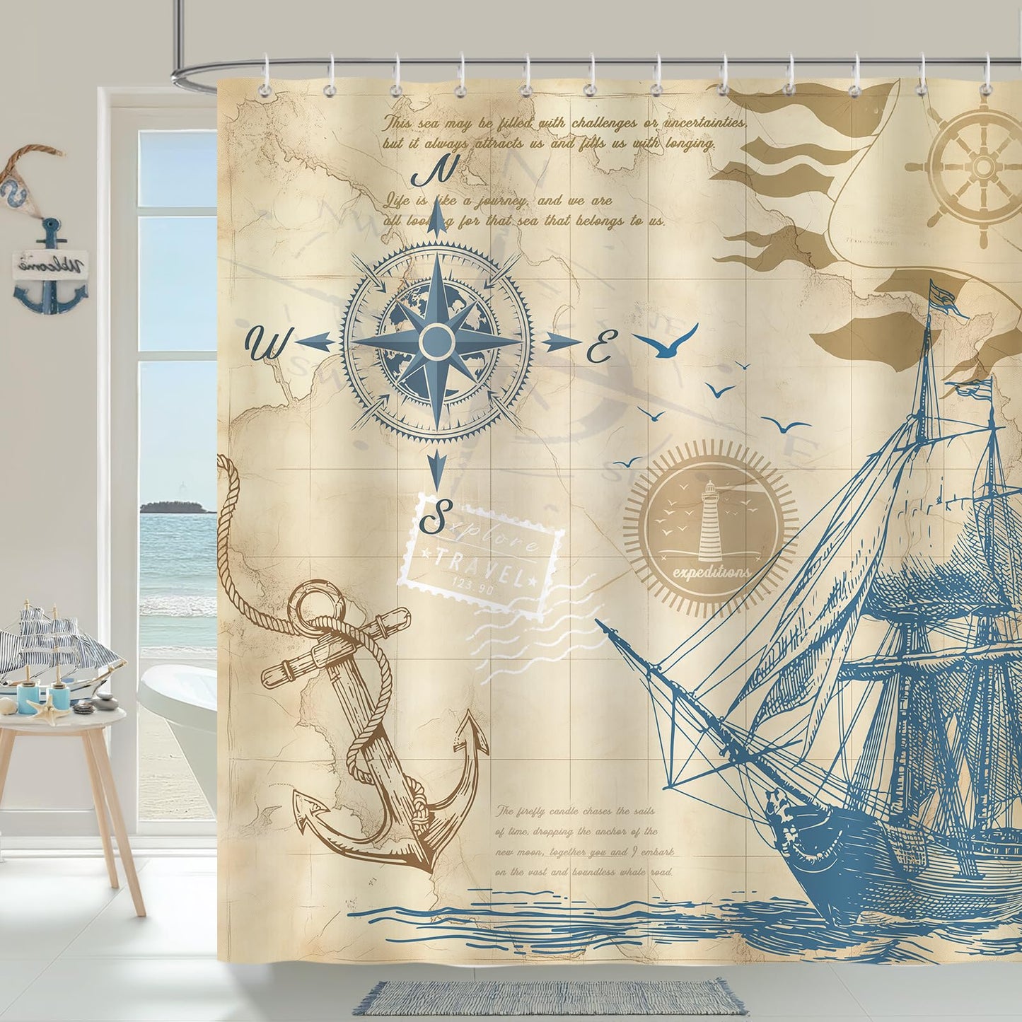 COZZSNUGE Vintage Nautical Shower Curtain, Yellow Blue Sailboat Compass Anchor Bathroom Curtain 183 x 183 cm, Water Repellent Mildew Resistant