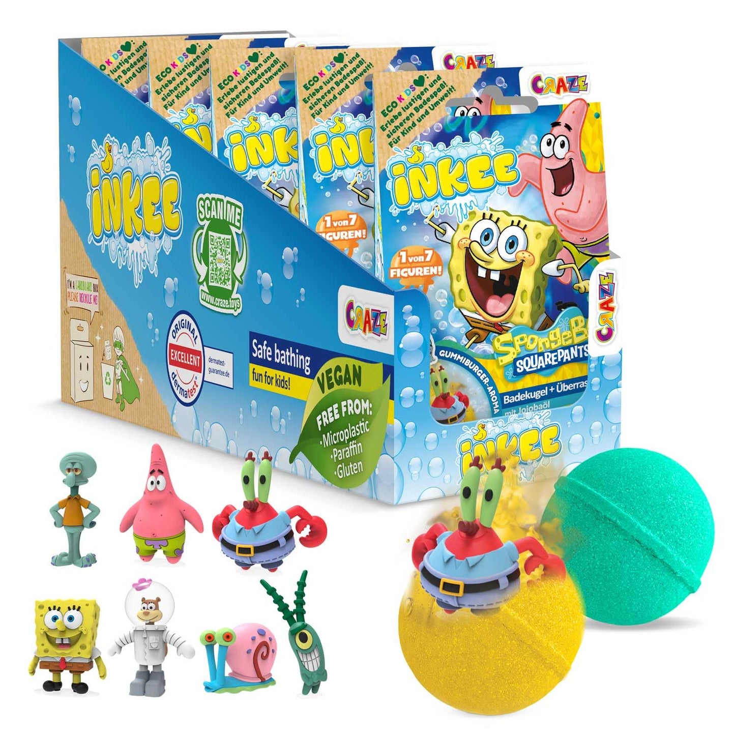 INKEE Spongebob Squarepants Bath Bombs 5 Pack Children's with Surprise - Spongebob Collectable Figurines - Bath Toys 5X 80g Bubble Gum and jojoba Oil