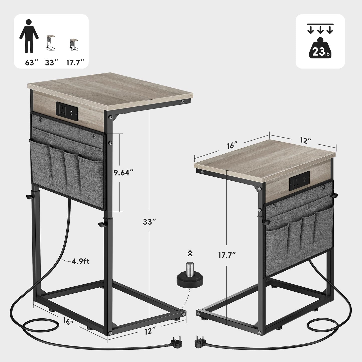 Vagusicc C-Shaped Side Table with Charging Station, Height Adjustable Sofa Side Table, Bedside Table, End Table for Small Spaces