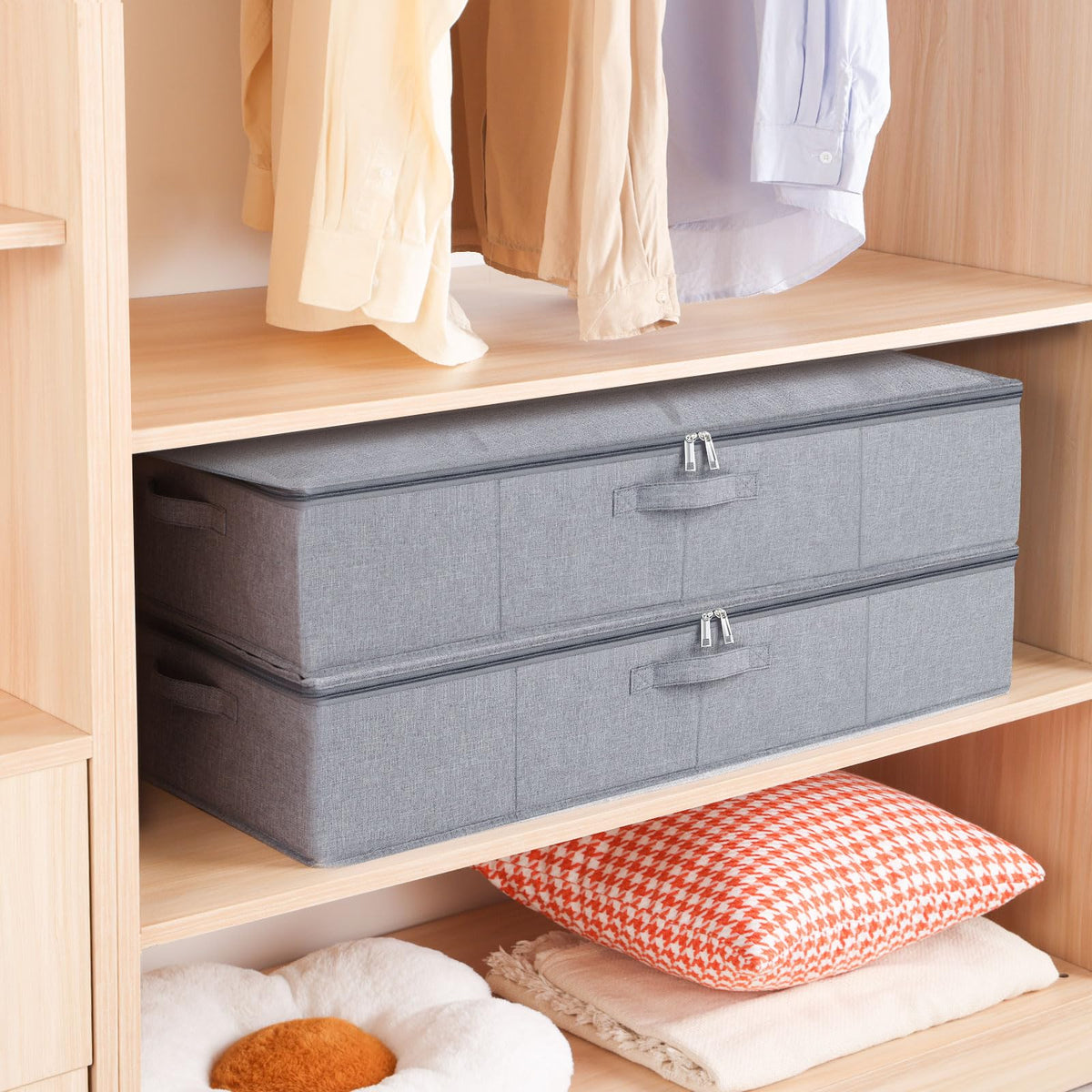 YheenLf 2-Pack Under Bed Clothes Storage Bgas with Lid, Foldable Wardrobe Organiser with Reinforced Handles for Blanket, Sheets, Clothing, Shoes,