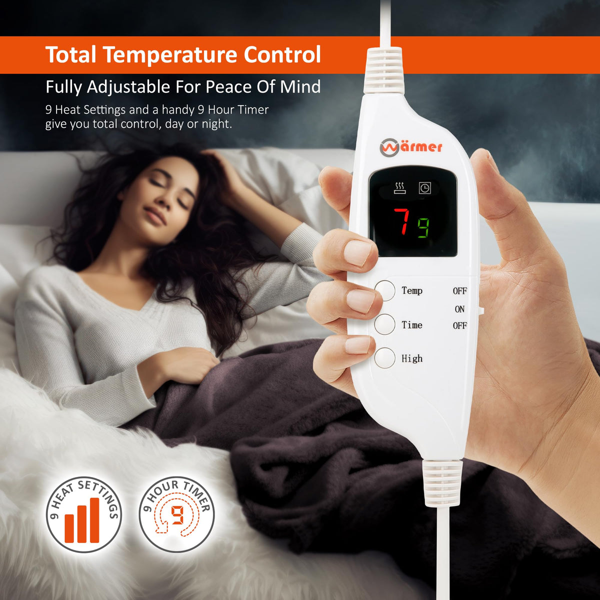 Warmer Electric Heated Throw Blanket - Digital Controller - 9 Hour Timer, 9 Heat Settings, Auto Shutoff, Detachable Controller - Machine Washable -