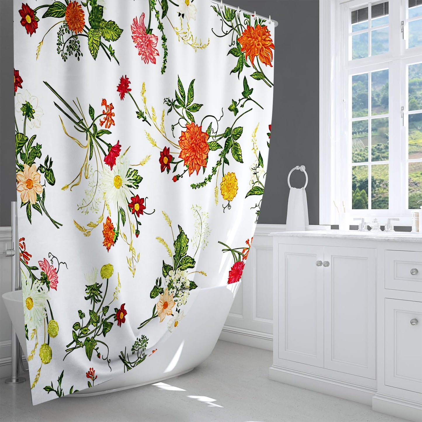 LIVETTY Shower Curtain White Floral Bathroom Curtain 180x180cm Anti-Mould Waterproof Polyester Fabric Bathtub Shower Curtains with 12 Hooks Washable
