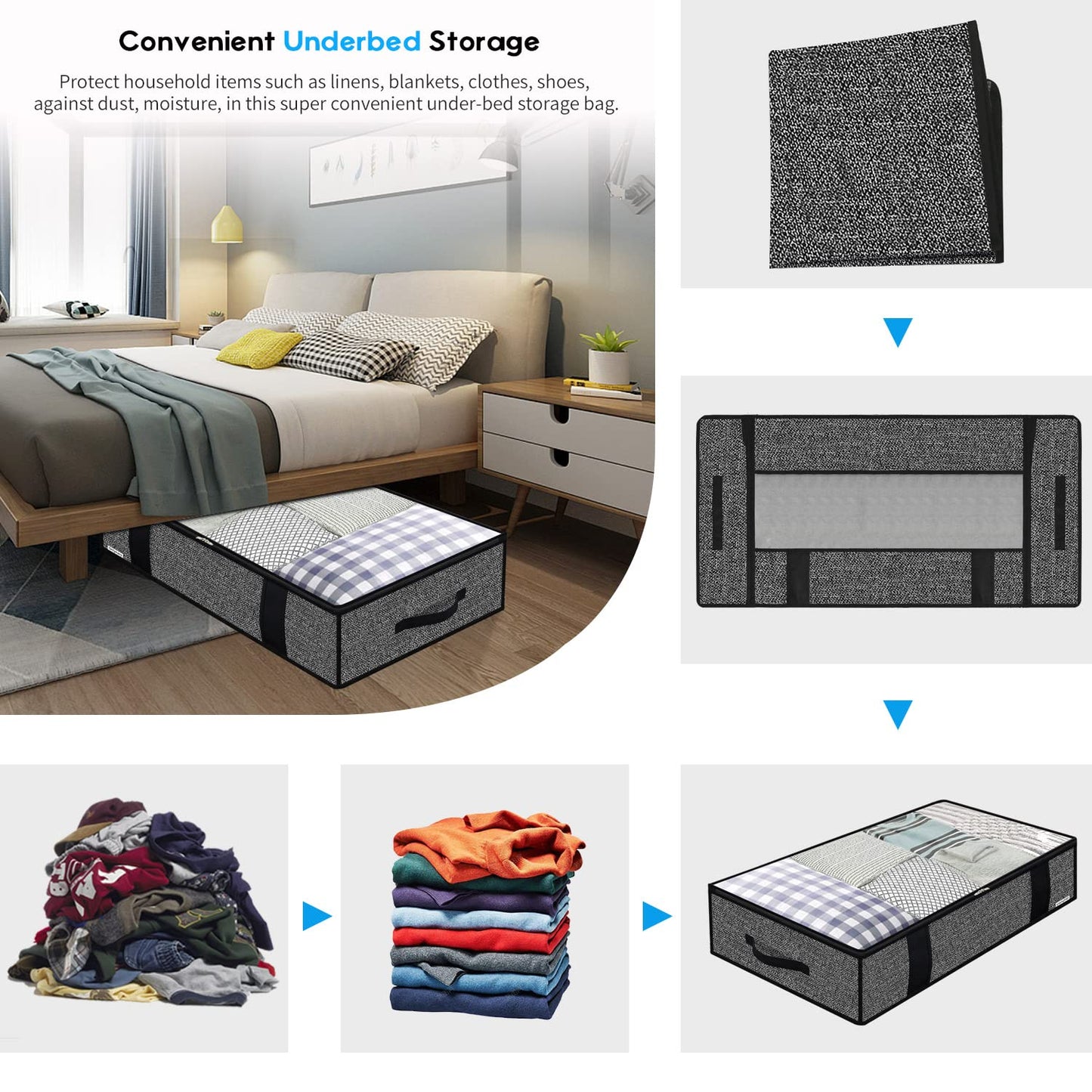Onlyeasy 2 Pack Large Underbed Storage Bags Organizer Container with 4 Handles and 2 Zippers Blankets Clothes Duvets Foldable Storage Bags with Clear