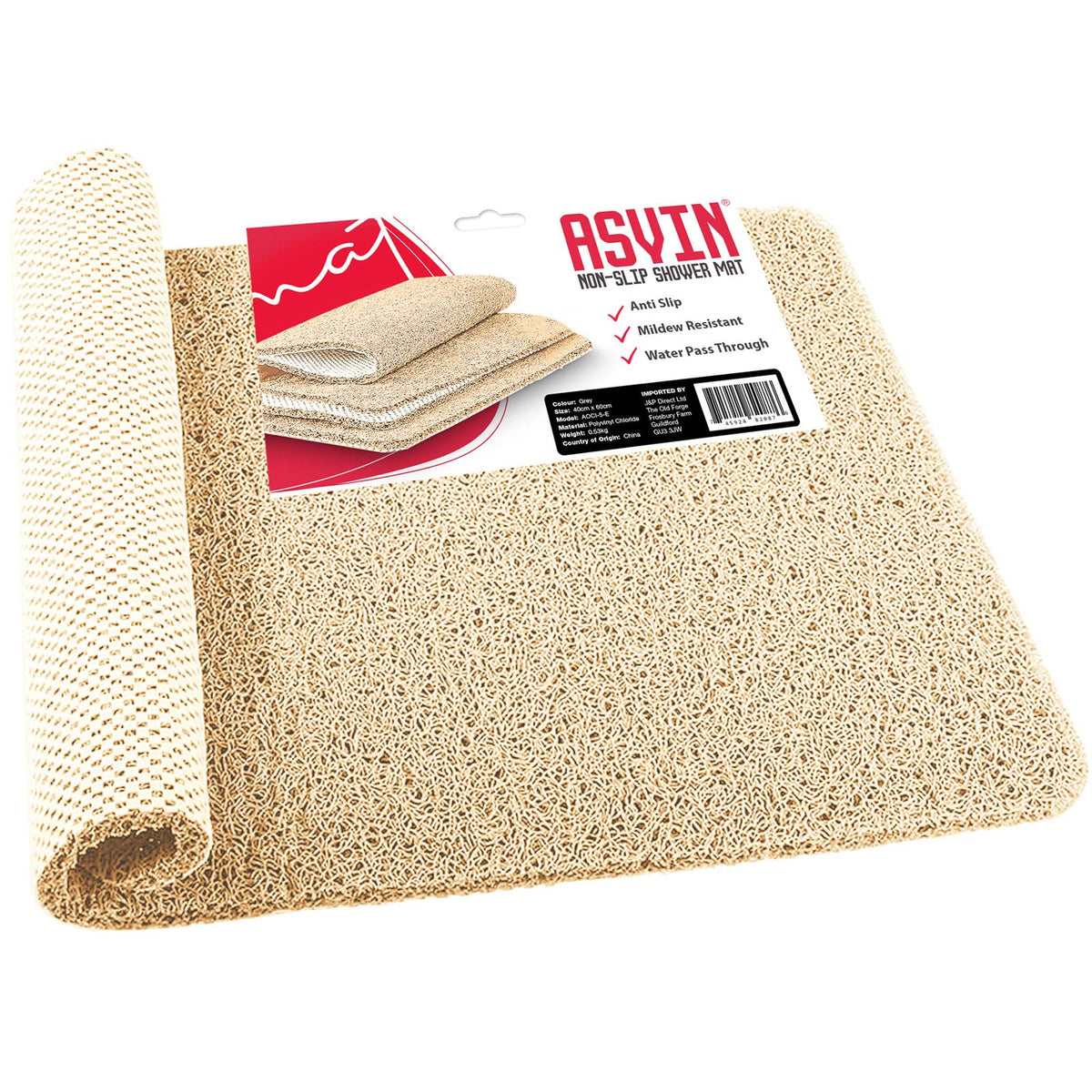 Asvin Soft Textured Beige Shower Mat Non Slip Anti Mould for Inside Shower & Bath 24x16 inch Phthalate Free Rubber Loofah Bathroom Mats for Slippery