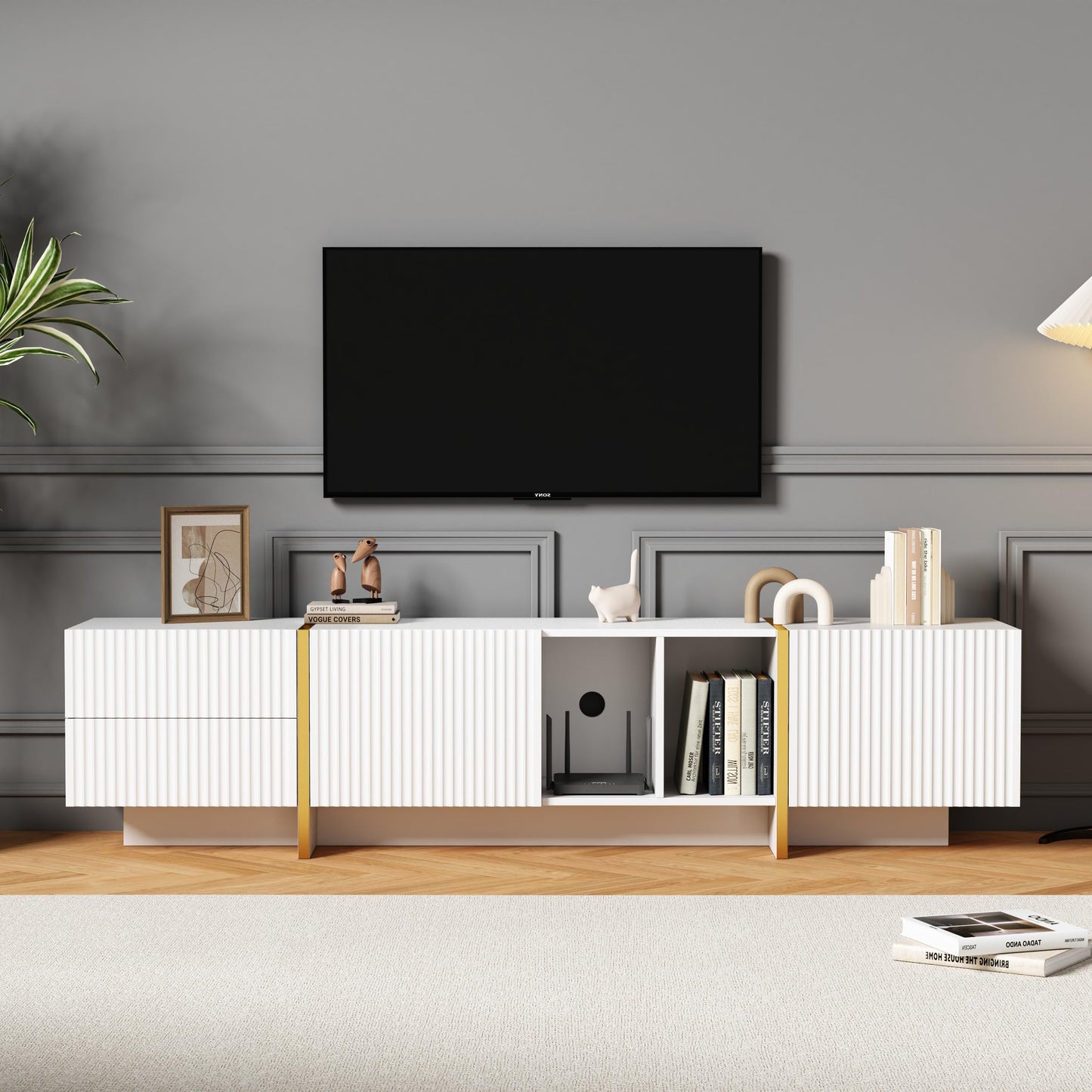 Ball & Cast TV Cabinet, High-gloss TV Unit, TV Stand Cabinet with 4 LED lighting Modes & 16 Colors, Wall Mounted/Floor Mounted, 180 * 35 * 30 cm