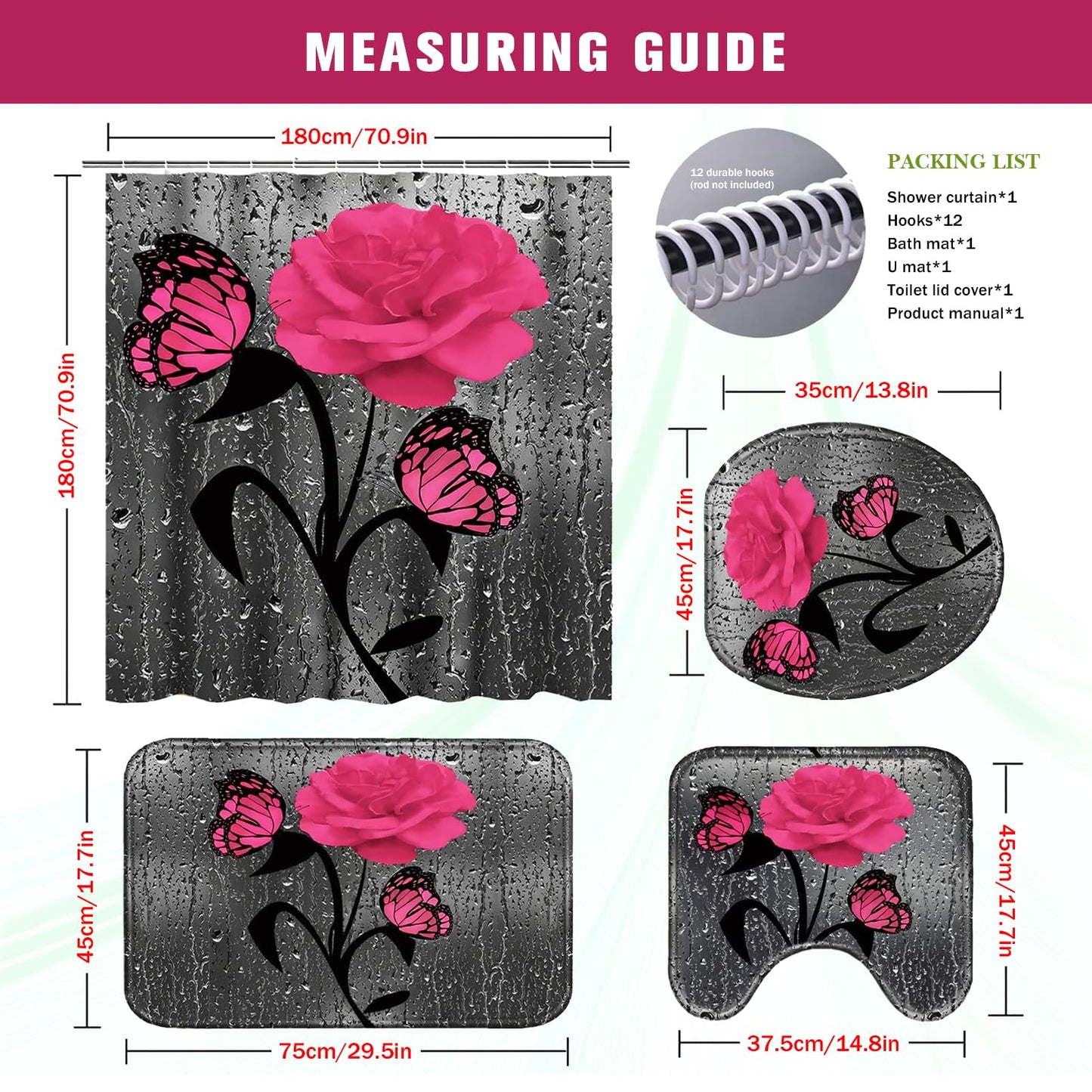 BXFUL 4 Piece Waterproof Shower Curtain Set for Bathroom-Rose-Non-Slip Bath Mat and 12 Hooks,Curtain Set with Rug,Toilet Lid Cover Bathroom