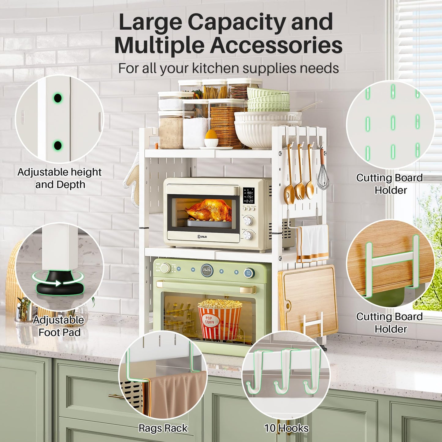 SAYZH Expandable 3 Tier White Metal Microwave Shelf, 17.4-27.4 Inch Adjustable Kitchen Counter Organizer with 10 Hooks/Cutting Board Holder/Rag Rack