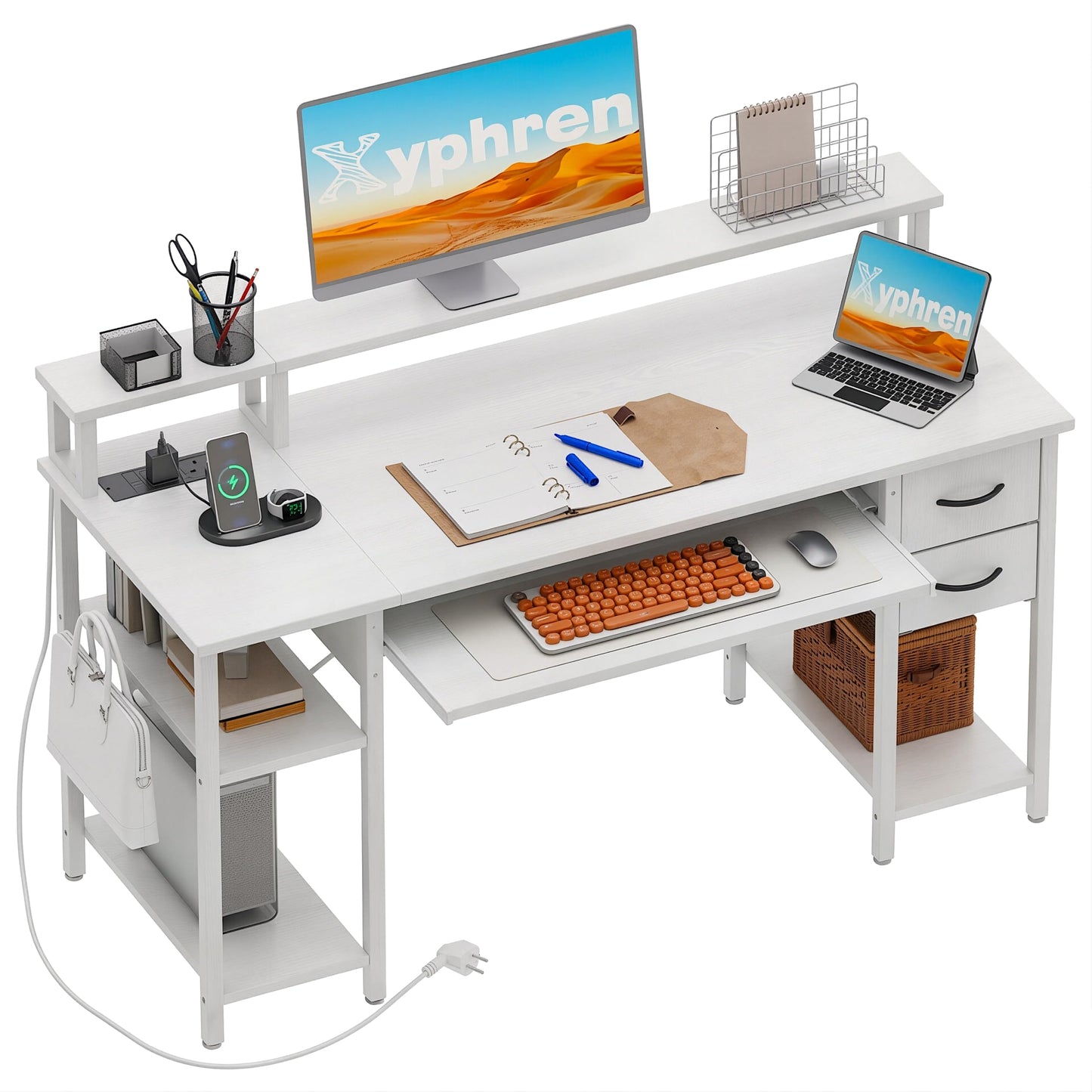 Xyphren Computer Desk with Drawers, 120x50cm Office Desk with Keyboard Tray with Power Outlet & Monitor Stand