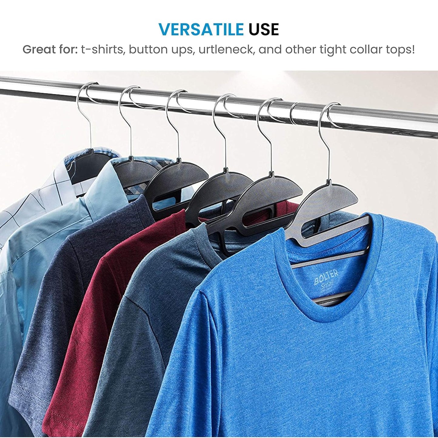 DrySmart Pack of 10 Heavy Duty Black Coat Hangers, 0.5cm Thick, S-Shaped Opening, Non-Slip Plastic Clothes Hanger Space Saving Slim Design