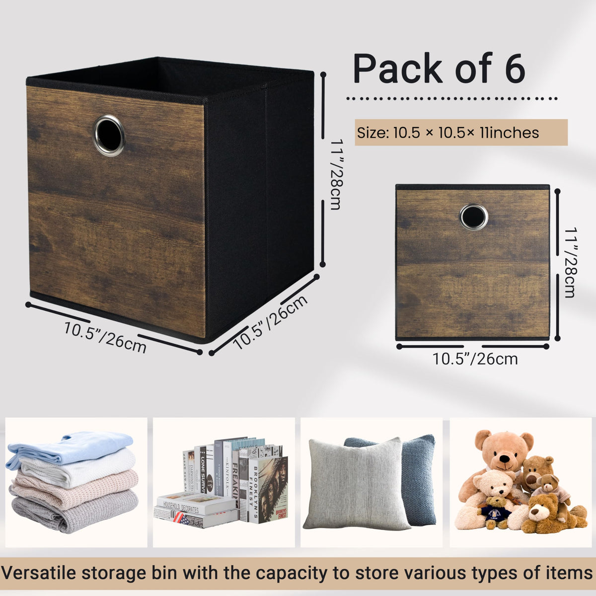 Folzaelar 6 Pack Durable Storage Cube Bin with Decorative Wood Grain,Thickened Fabric Boxes,Storage Basket for