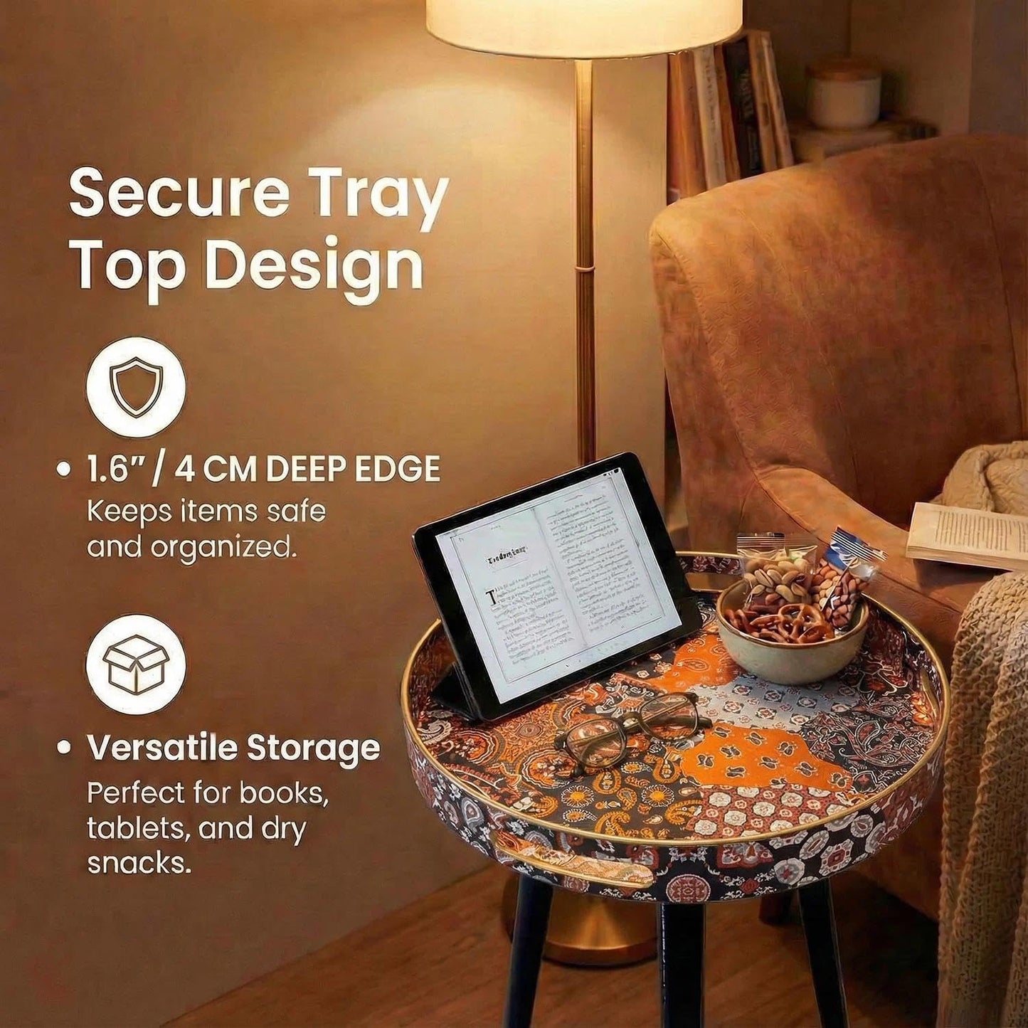 Simmer Stone Round Indoor Side Tables with Detachable Wooden 3 Legs, Versatile Tray Table, Perfect For Round Coffee Table Tea