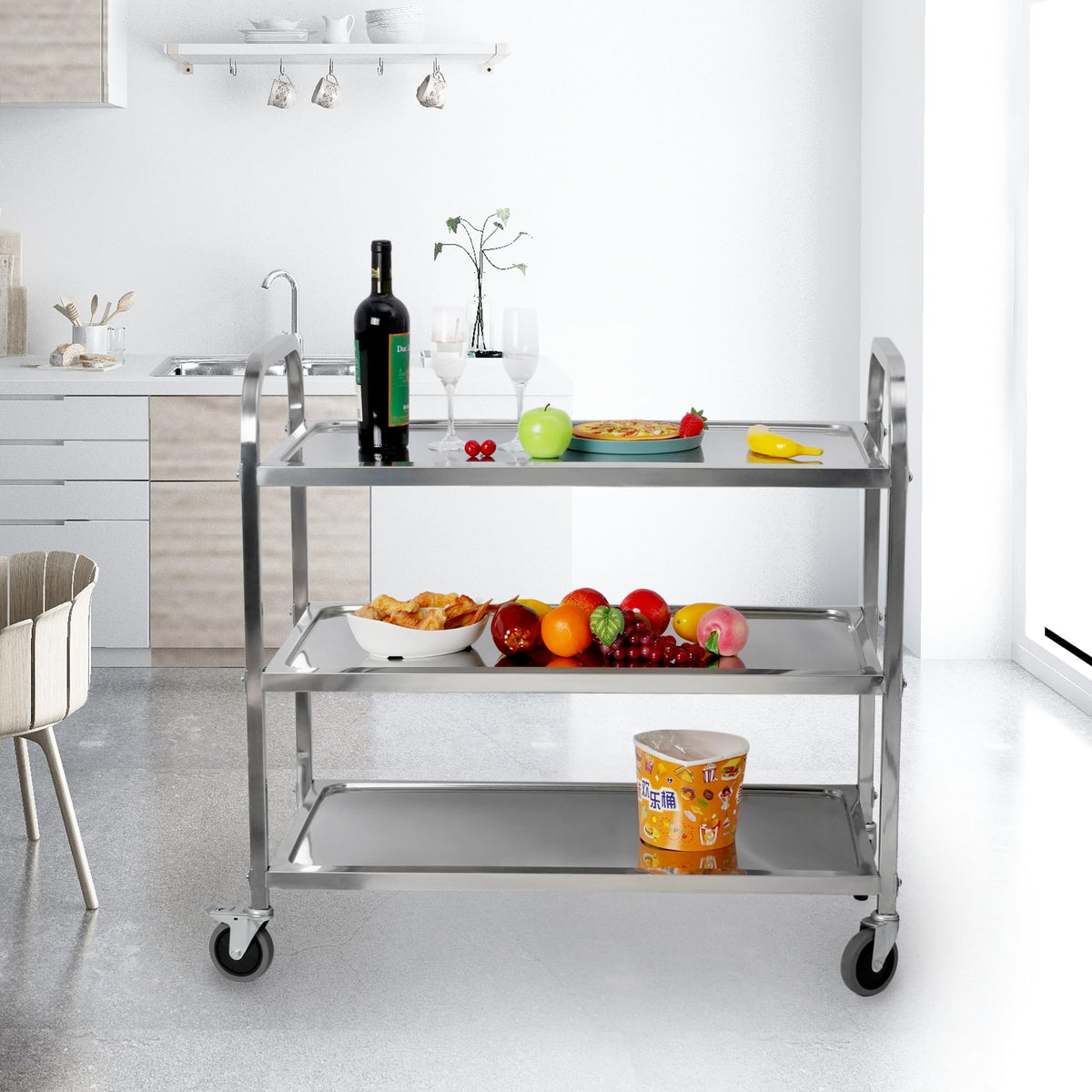 uyoyous 3 Tier Stainless Steel Trolley 750x400x835mm Serving Trolley Kitchen Catering Trolley Multi-Purpose Kitchen Serving Trolley with Brake for