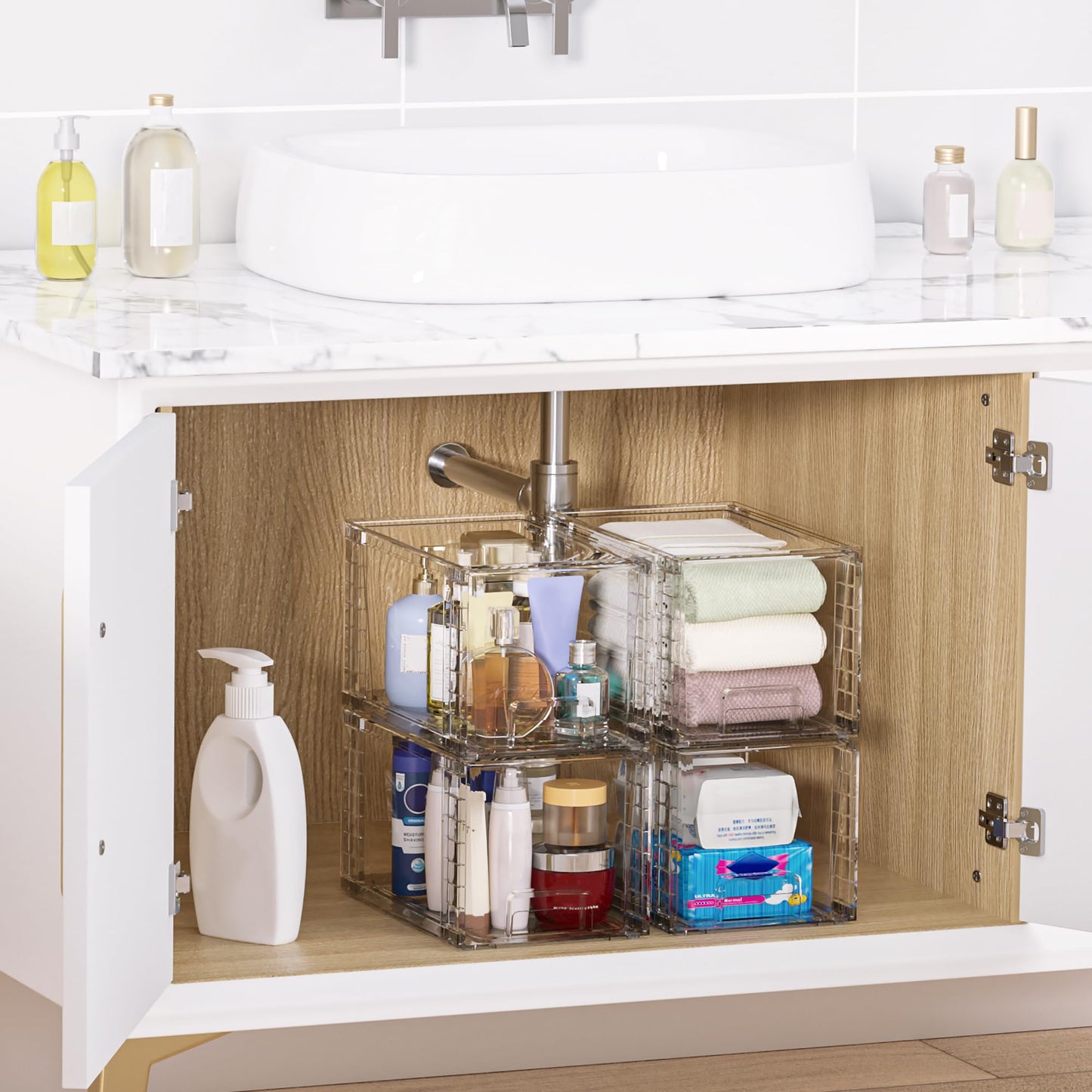 Vtopmart 4 Pack Large Stackable Storage Drawers,Clear Acrylic Drawer Organizers with Handles, Easily Assemble for Bathroom,Kitchen